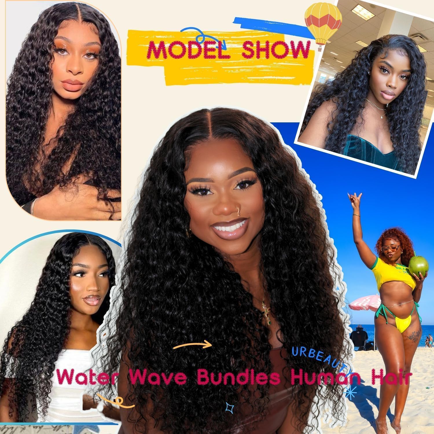 Water Wave Human Hair Bundles Echthaar Tressen Extensions Menschliches Haar Extensions 3 Bundles 100g/pcs Double Weft #1B Natural Black for Woman 12 14 16 Inches (300g Total)