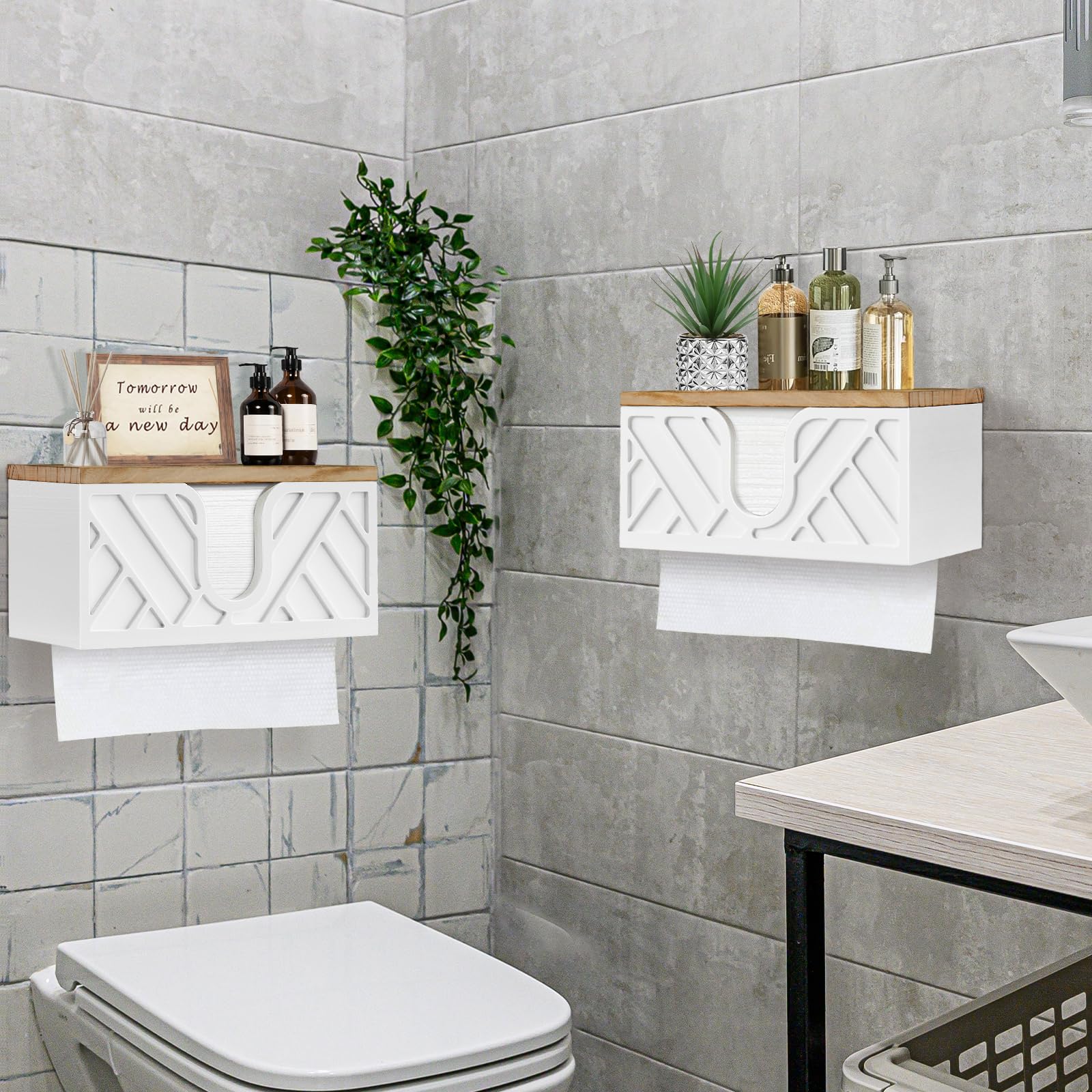 Soporte para toallas de papel montado en la pared con tapa, dispensador de toallas de papel de mano triple plegable en C, plegable en Z, de madera maciza blanca