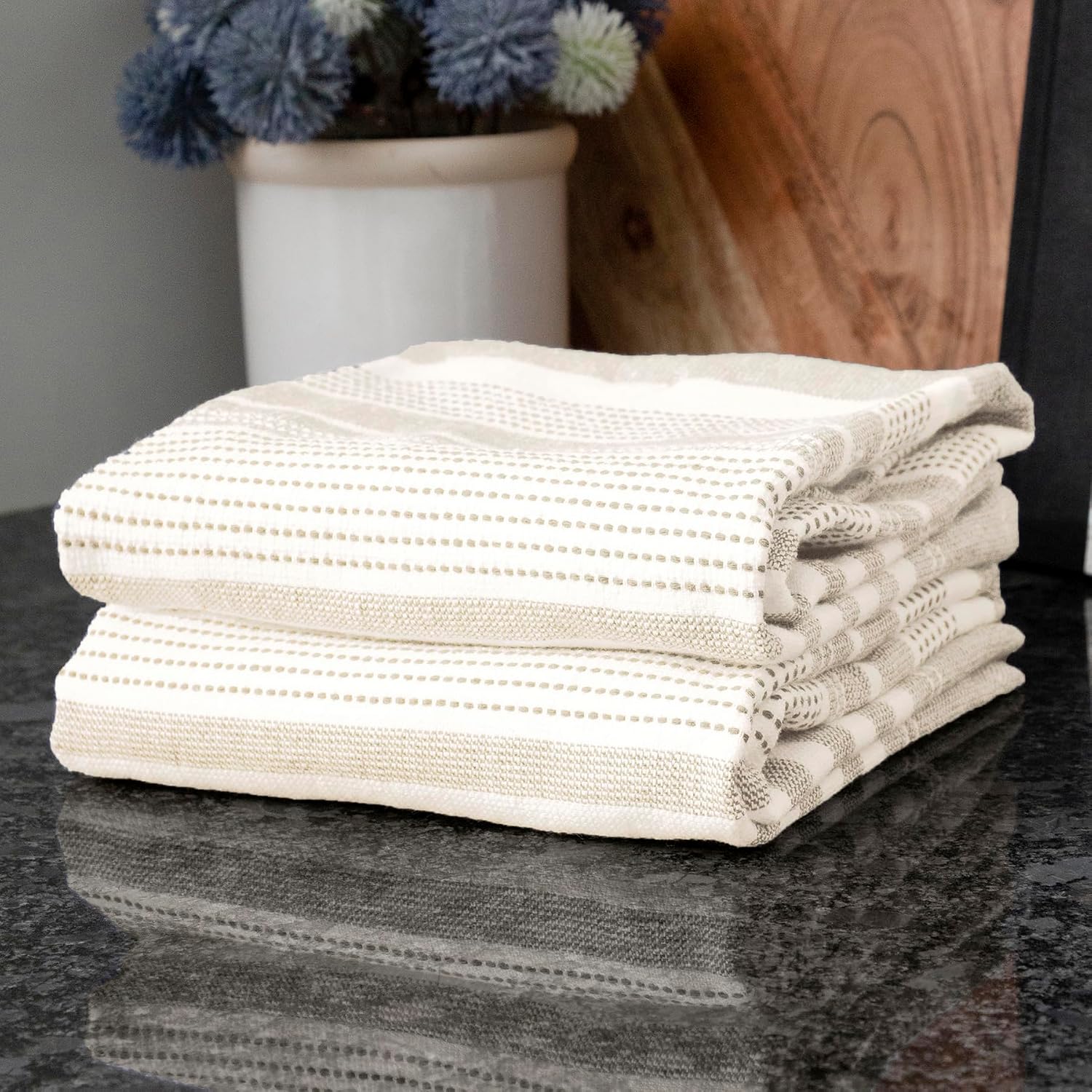 T-Fal Premium Dual-Sided Skipping Striped Kitchen Towels (2-Pack), 18" x 28", Highly Absorbent, Long-Lasting, Reversable 100% Flat-Weave Cotton Dish Towels, Hand Towels, Bar Towels, Toast image 4
