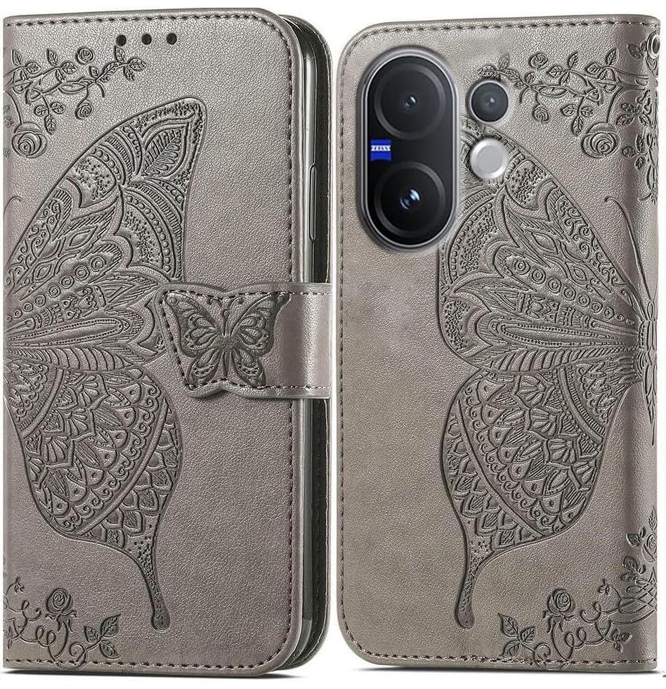 Image of ClickCase Butterfly Series for vivo V60e 5G Leather Embossing Wallet Flip Case Kick Stand Magnetic Closure Flip Cover for vivo V60e 5G (Grey)