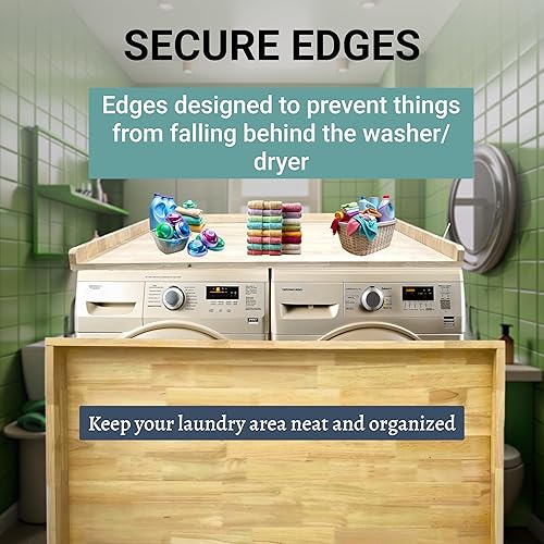 Miniatura 8 de Skywin Encimera de lavadora y secadora, encimera de lavandería de madera real con rieles de borde de 54 x 30 pulgadas, fundas para lavadora y