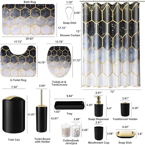 Miniatura 6 de Juego de baño negro con cortina de ducha y alfombras, 25 piezas, juego de accesorios de baño, basura, dispensador de jabón, jabonera, cepillo de