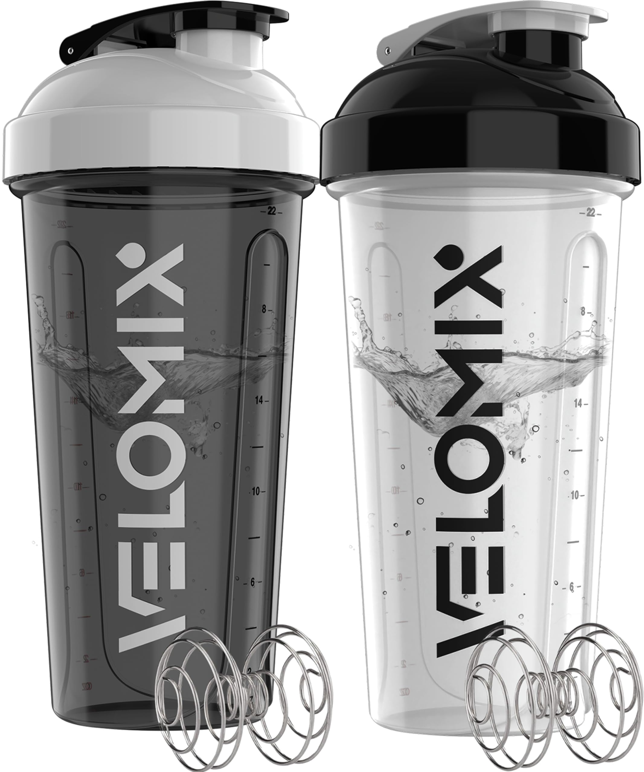VELOMIX 2 Pack 28oz Protein Shaker Bottle for Protein Mixes, Black/White | 2x Wire Whisk, Leak Proof Shaker Cups for Protein Shakes, Stackable, Dishwasher Safe, BPA Free, Pre Workout and Fitness Ready