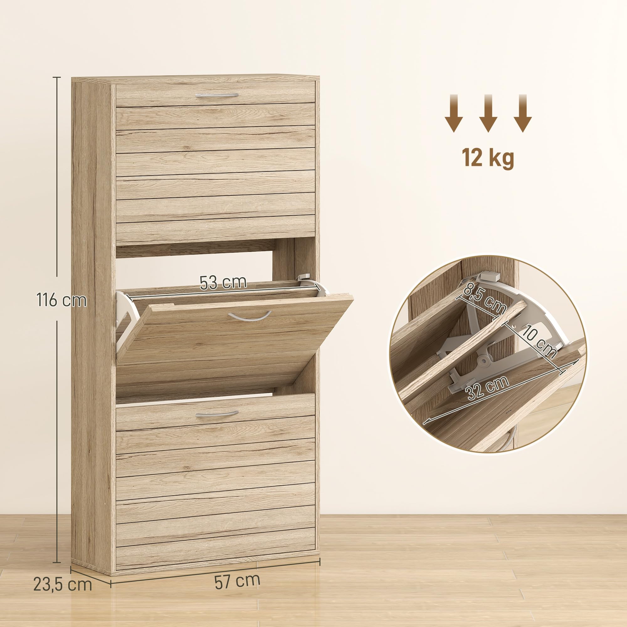 HOMCOM Zapatero Estrecho con 3 Puertas Abatibles, Zapatero Entrada Recibidor, Estantes Ajustables, para 12 Pares de Zapatos, para Pasillo, Espacios Reducidos, Roble