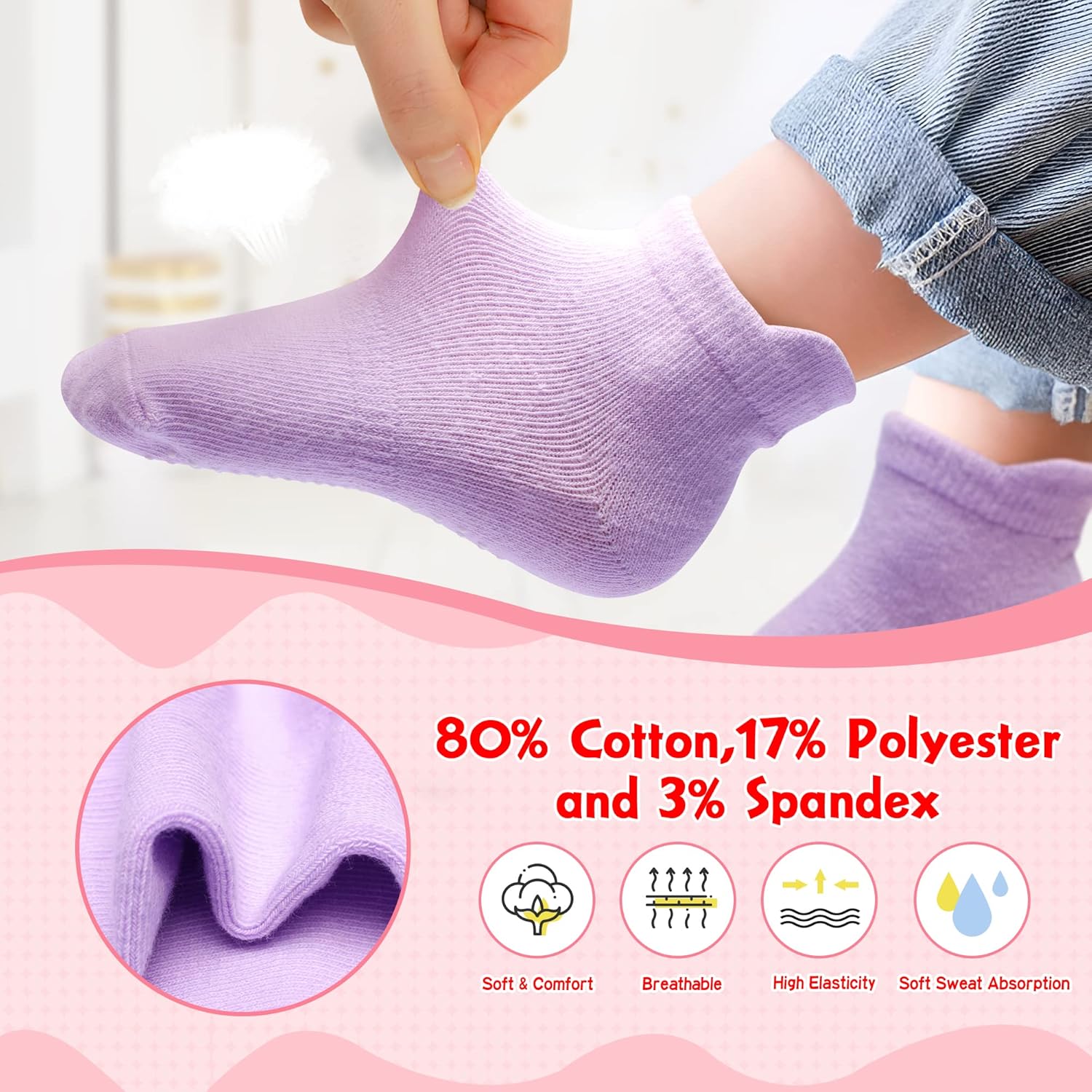 12 Pack Non Slip Kids Toddler Baby Socks with Grips 1-7 Years Boys Girls Cotton Ankle Socks Multi Colors - Image 5