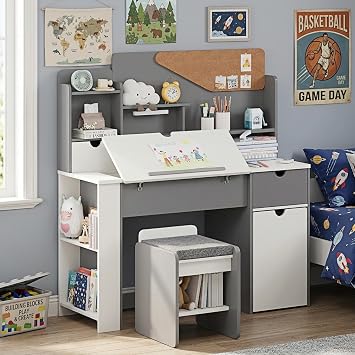 Kids Desk and Chair Set, Wooden Study Table with Tiltable Desktop, Grey