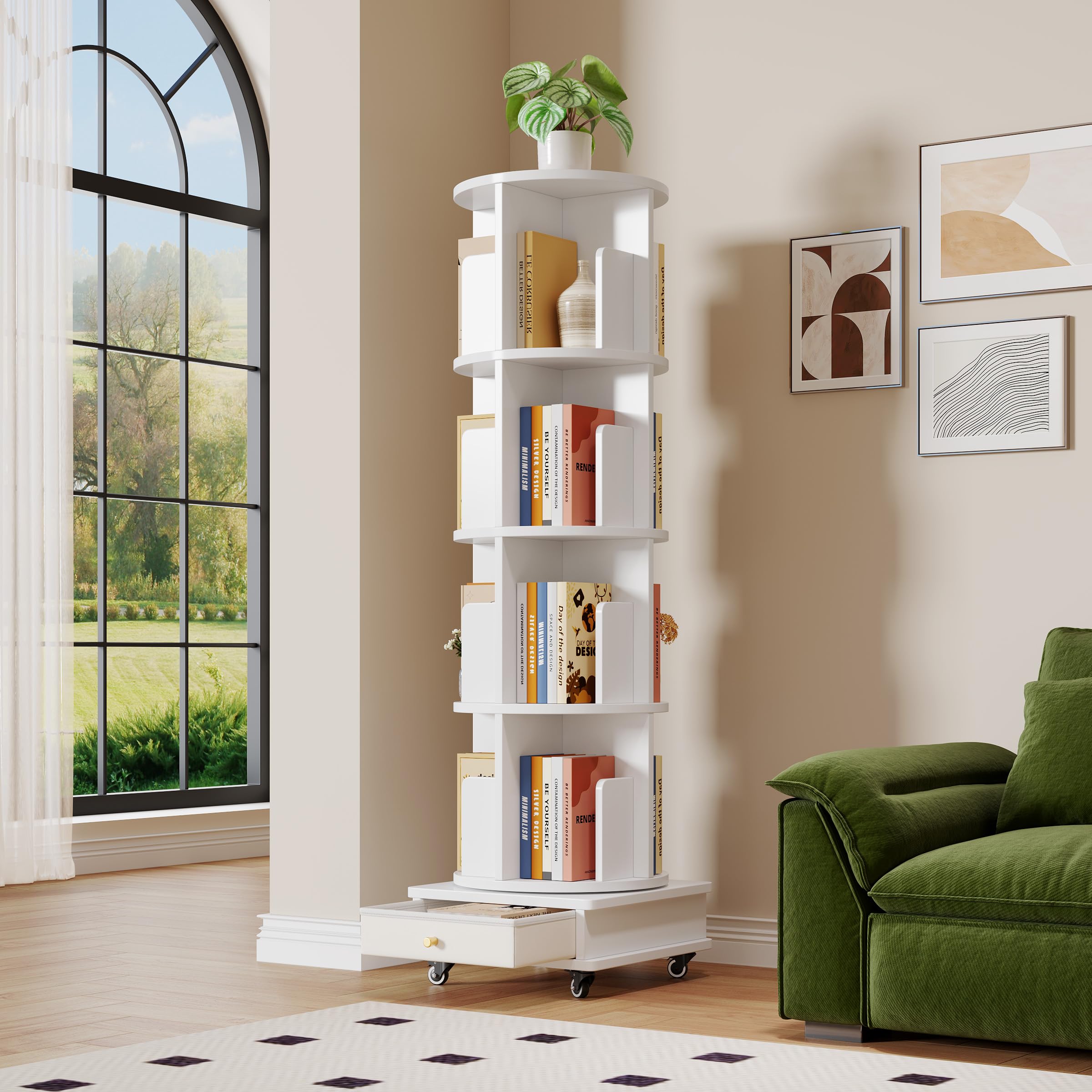 Ztexkee 360° Rotating Bookshelf 4 Tier Rotating Bookshelfs Floor Standing with 1 Drawer Mobile Bookshelf with Wheels for Living Room, Bedroom, Study Office