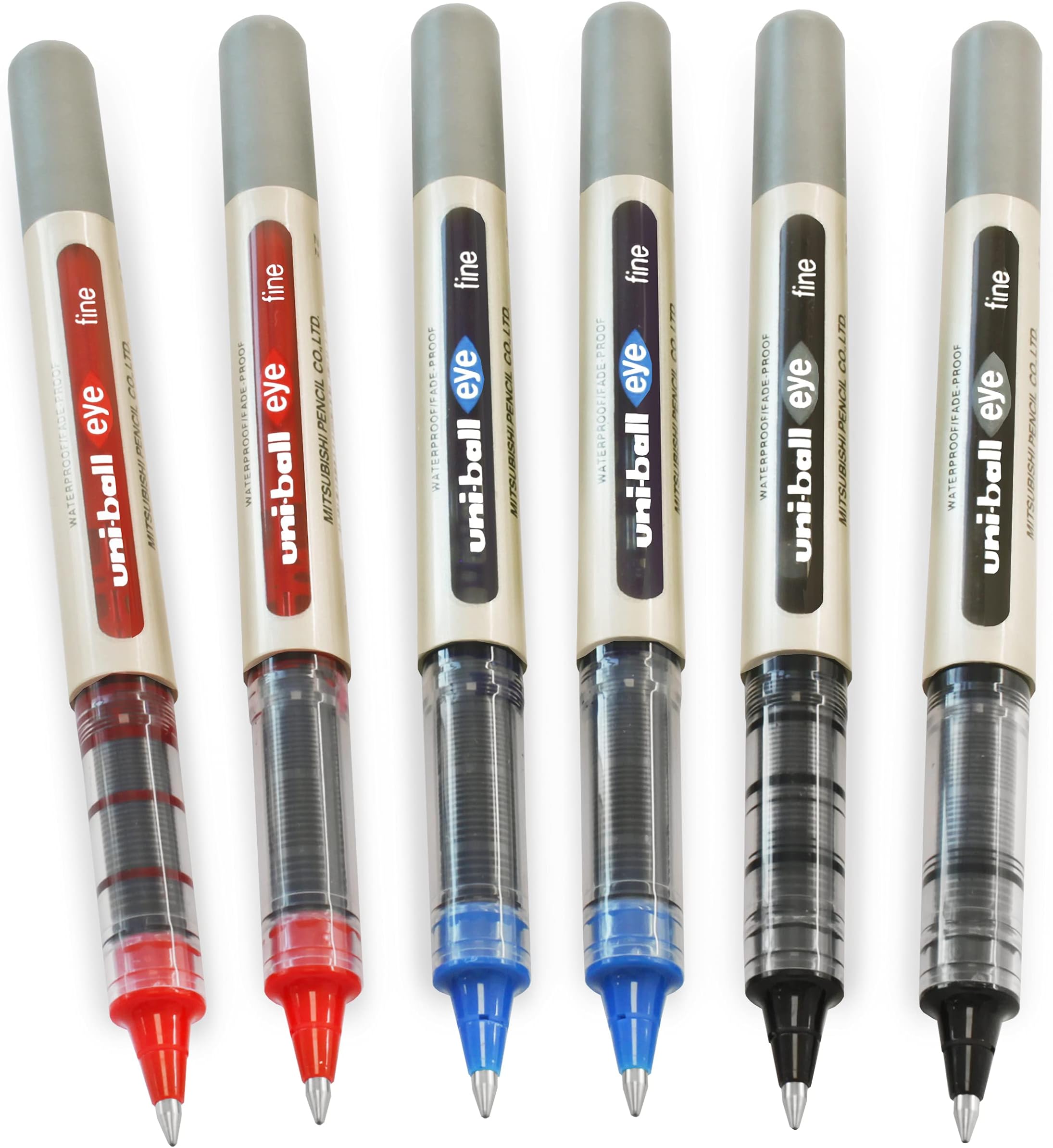 EYE - UB-157 Rollerball Pens - 0.7mm Nib - Black, Blue, Red - Pack of 6