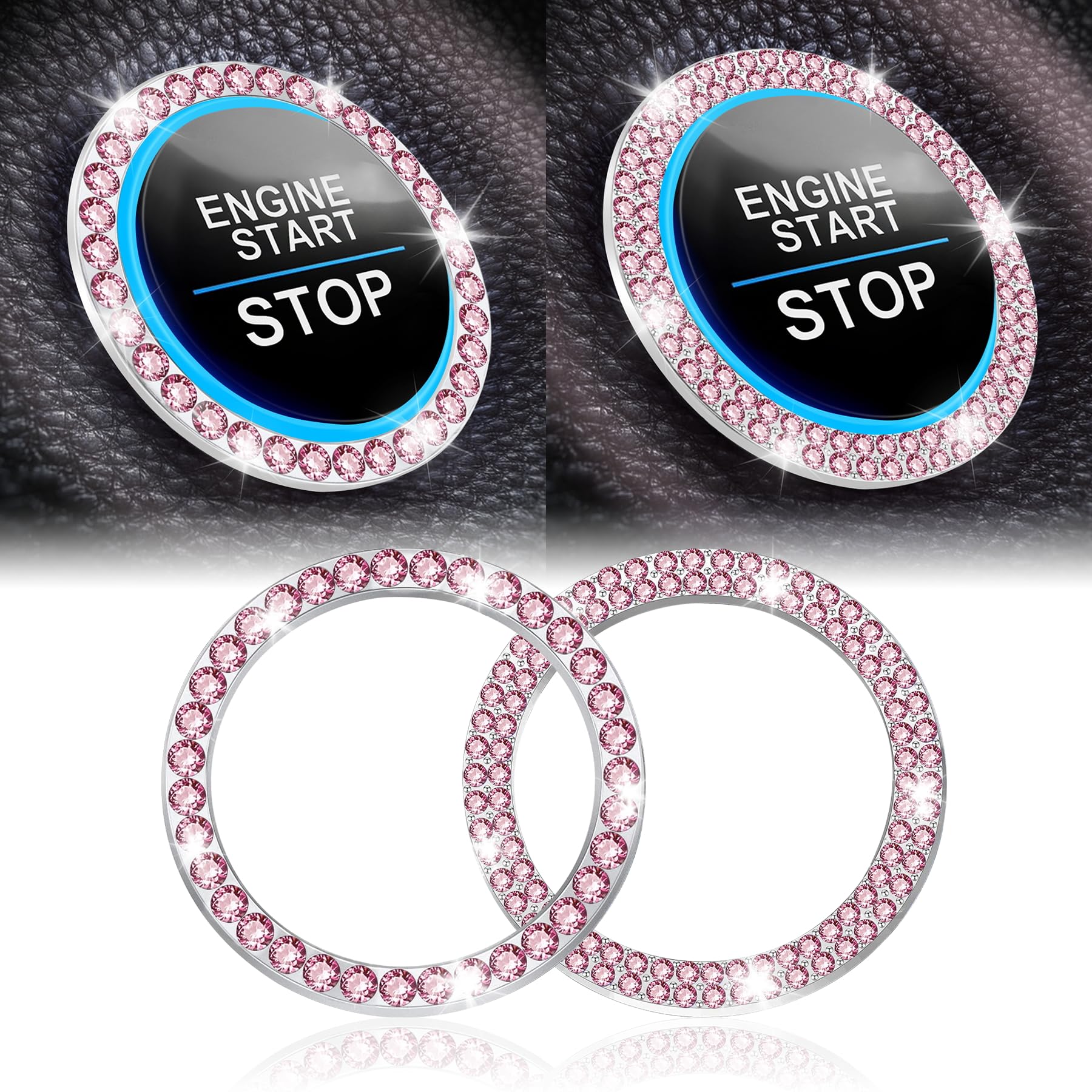LivTee 2 PCS Crystal Combinatorial Rhinestone Car Engine Start Decoration Ring, Push to Start Button Cover/Sticker, Bling Car Interior Accessories for Women, Key Ignition&Knob Bling Ring, Pink