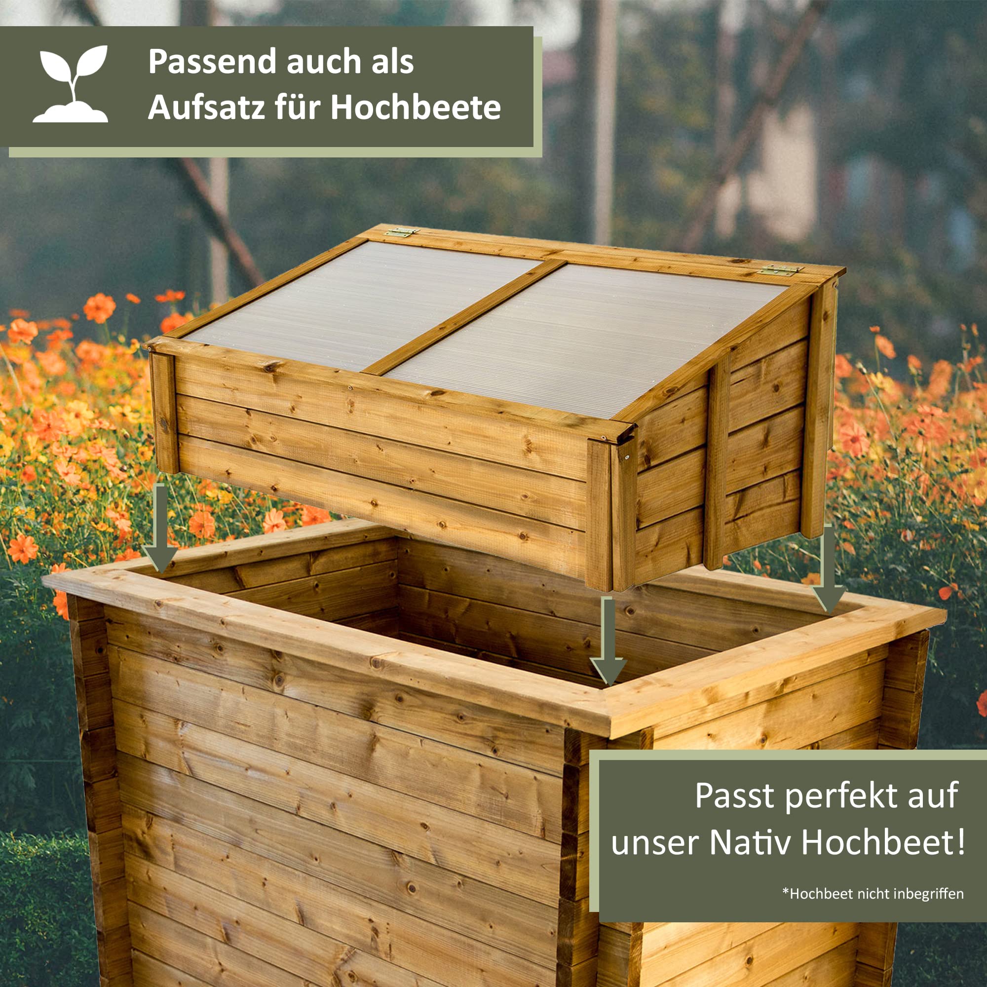NATIV Frühbeet 100x60 cm | Frühbeetkasten mit Polycarbonatplatten | Frühbeet Aufsatz auch für Hochbeete geeignet | Mini Gewächshaus | teilweise vormontiertes Kräuterbeet (braun)