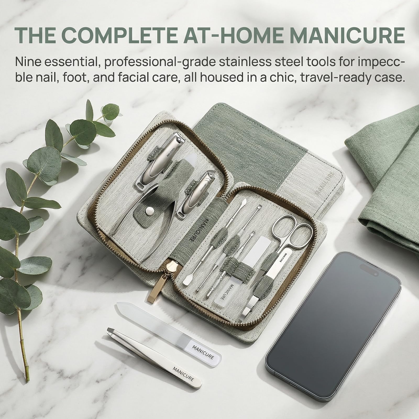 Set de Manicura 9 Piezas, Kit de Pedicura de Acero Inoxidable con Estuche, Set Profesional para el Cuidado de las Uñas con Cortaúñas, Tijeras, Lima de Vidrio para Uso Doméstico y Viajes
