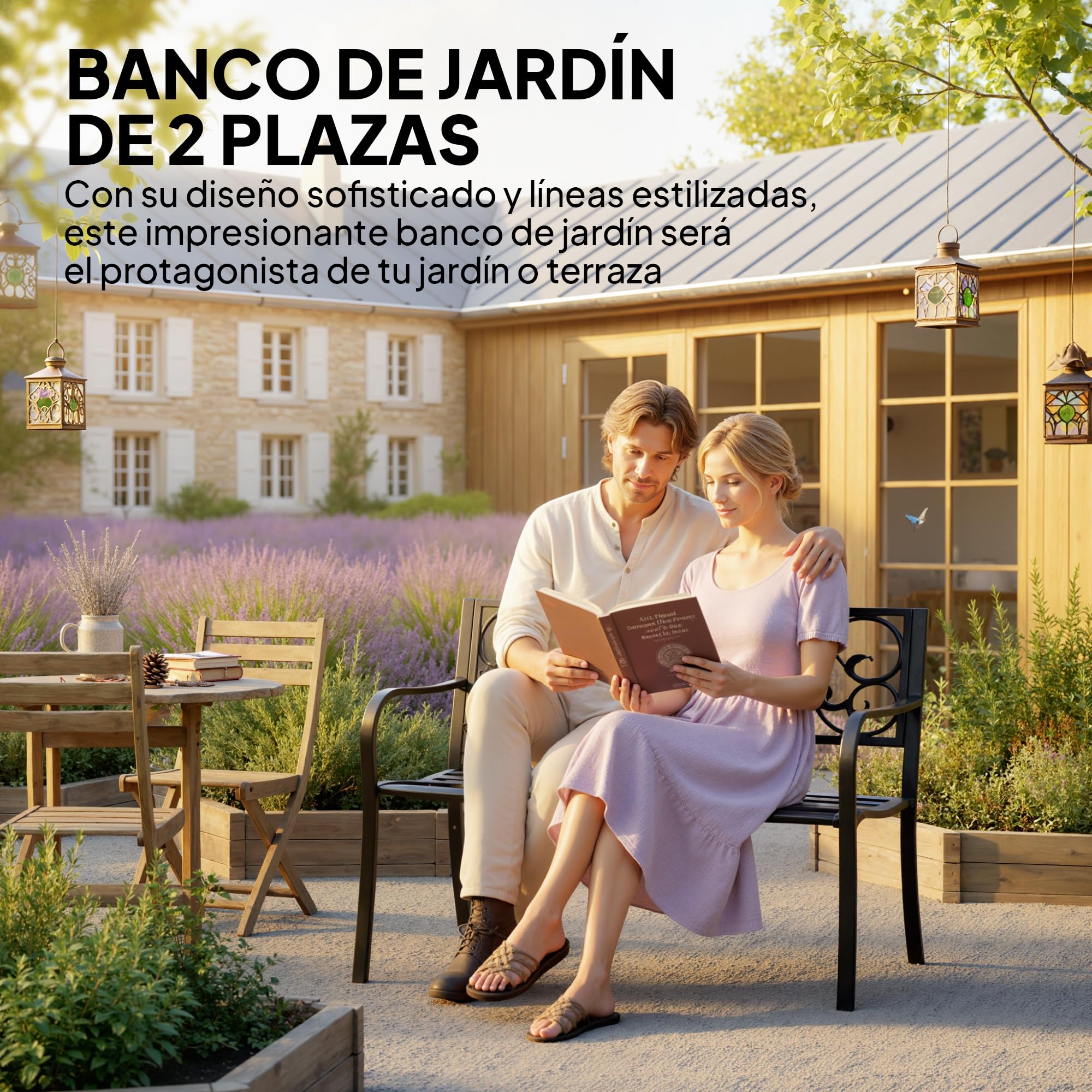 Outsunny Banco de Jardín de Acero Banco Exterior con Respaldo y Reposabrazos Carga 240 kg para Patio Terraza Balcón 127x60x89 cm Negro