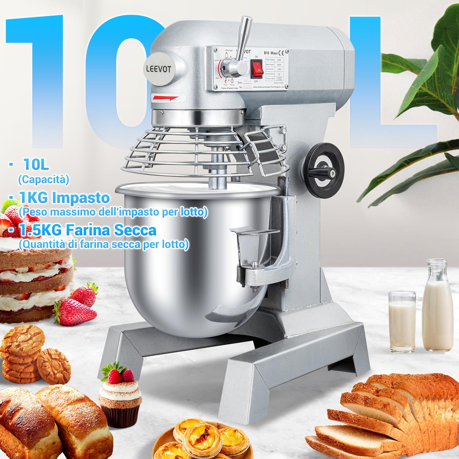 LEEVOT Impastatrice planetaria commerciale da 10L, impastatrice commerciale regolabile a 2 velocità da 500 W, impastatrice elettrica verticale per impieghi gravosi con vasca in acciaio inox per cucin