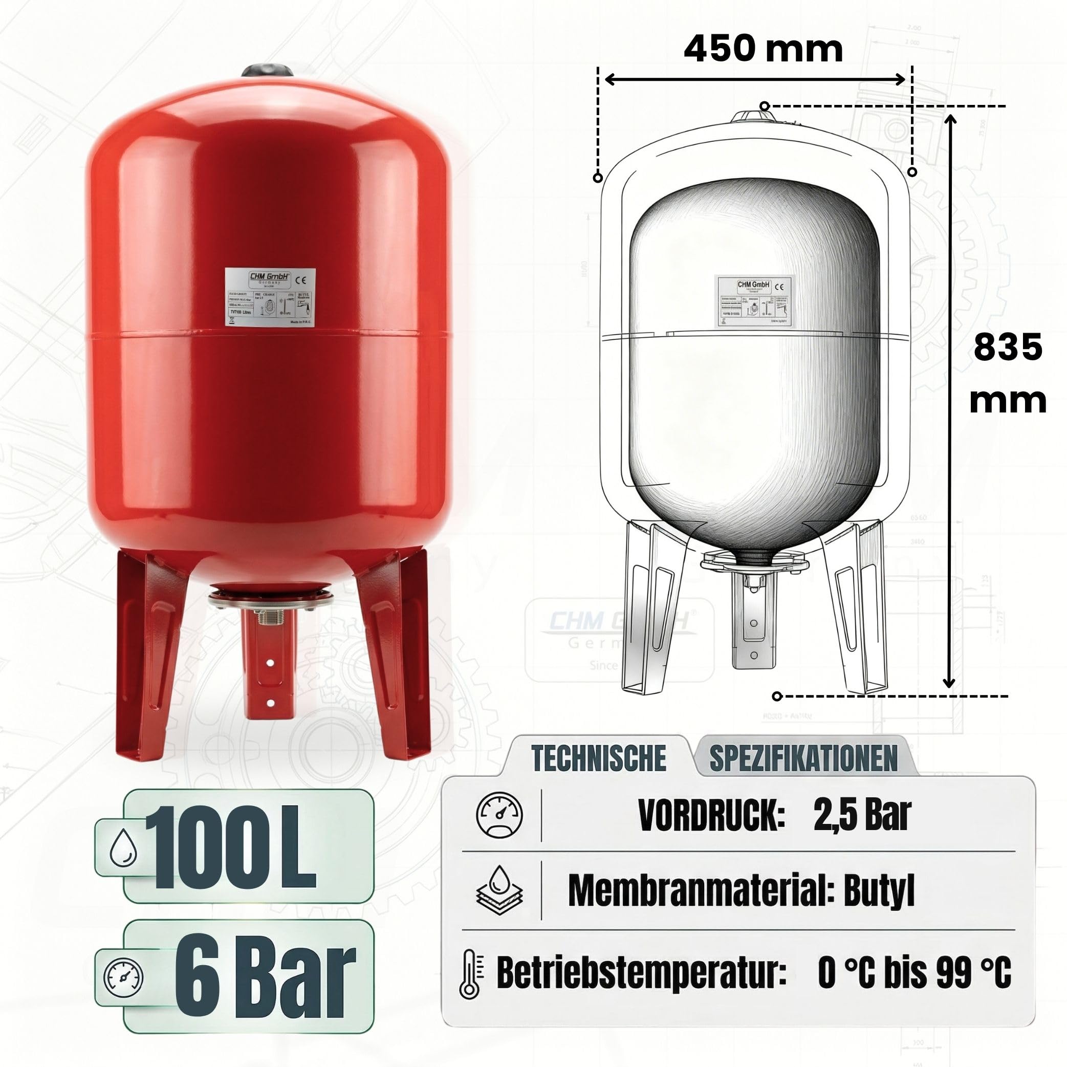 Caldaia a membrana verticale da 100 l, serbatoio in acciaio, caldaia a pressione max. 6 bar