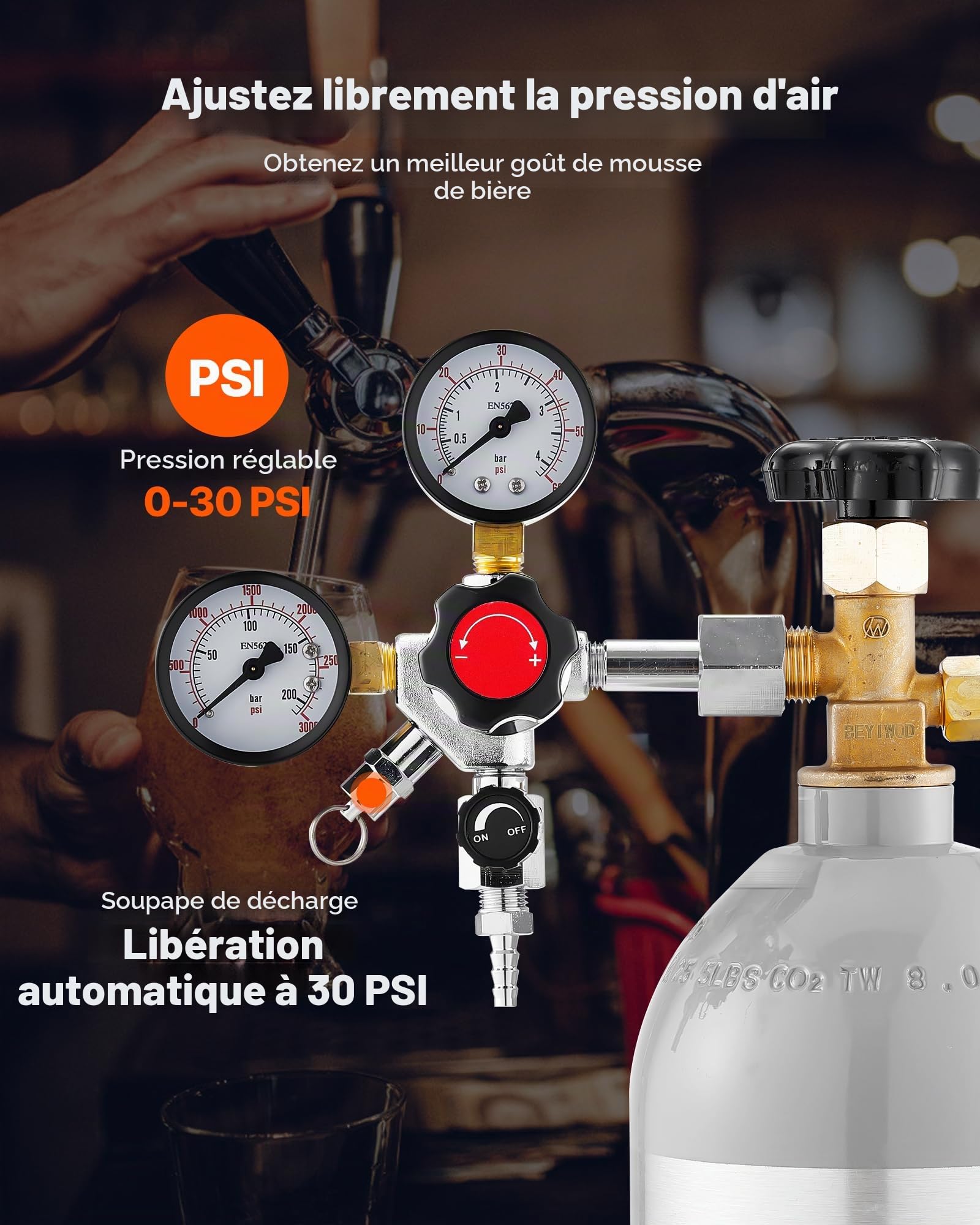 VEVOR Régulateur de CO2, Détendeur pour Tireuse à Bière à Double Manomètre et Valve Unique, Pression Réglable 0-60 psi, Compatible avec Raccord W21,8, pour Bière Pression et Réfrigérateur à Fût