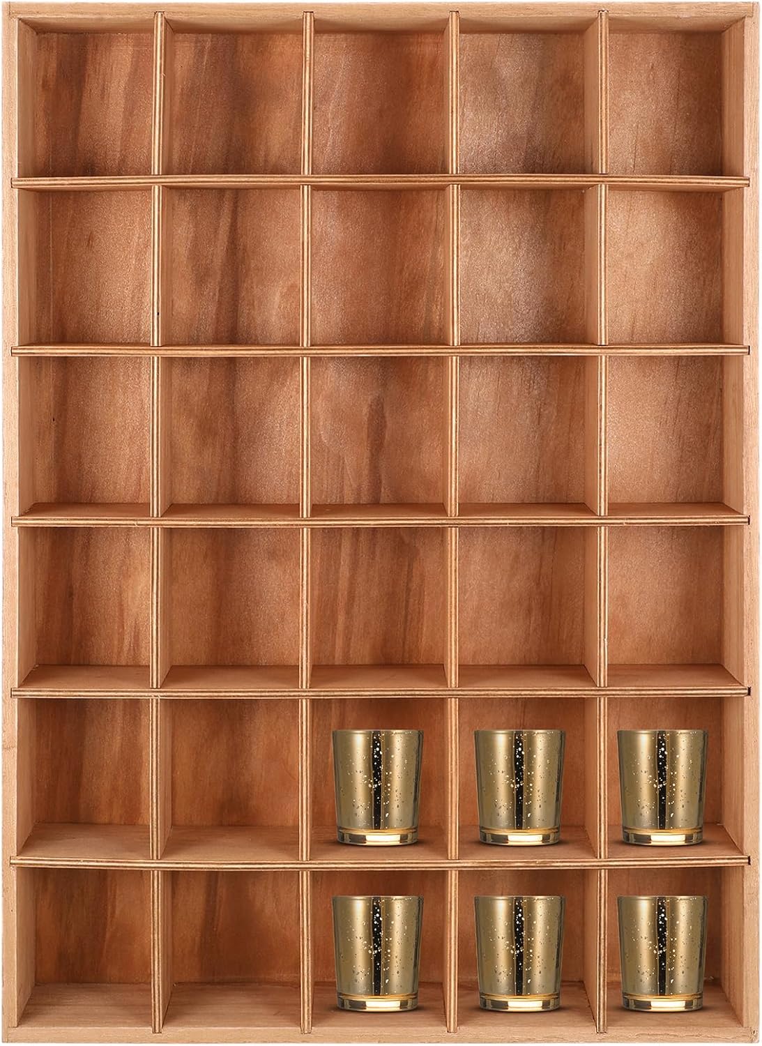 Wenqik 1 Pcs Shot Glass Display Case for Wall 30 Slots Case Wooden Shot Glass Holder Display Rustic Shelf Collection Display Rack Freestanding(Wooden Color)