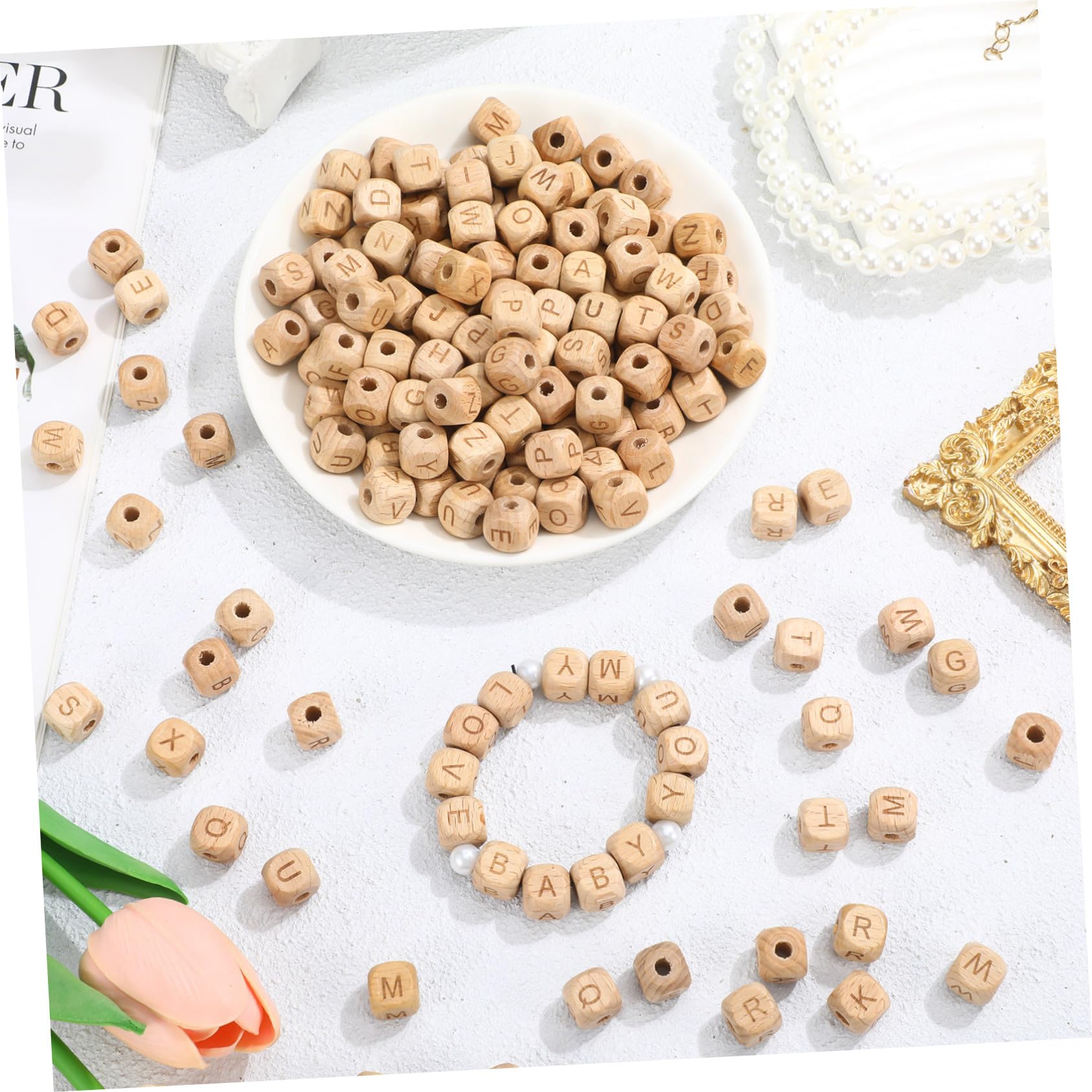260 Cuentas de Alfabeto de Madera de Haya Cuadradas para Hacer Joyas y Pulseras, Cuentas Artesanales Naturales Alfabeto Completo para Manualidades Creativas