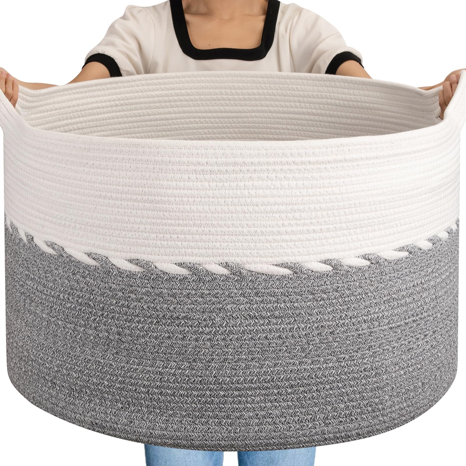 OIAHOMY Extra großer Korb für Decken, 63,5 x 40,6 cm, Jumbo-Wäschekorb, Baumwollseilkorb mit Griffen für Wohnzimmer, Baby-Spielzeugkorb zur Aufbewahrung, Grau