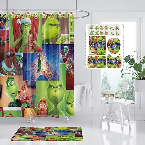 Juego completo de decoración navideña de baño de 5 piezas, alfombras antideslizantes, cubierta para tapa de inodoro, tapete de baño y ganchos para