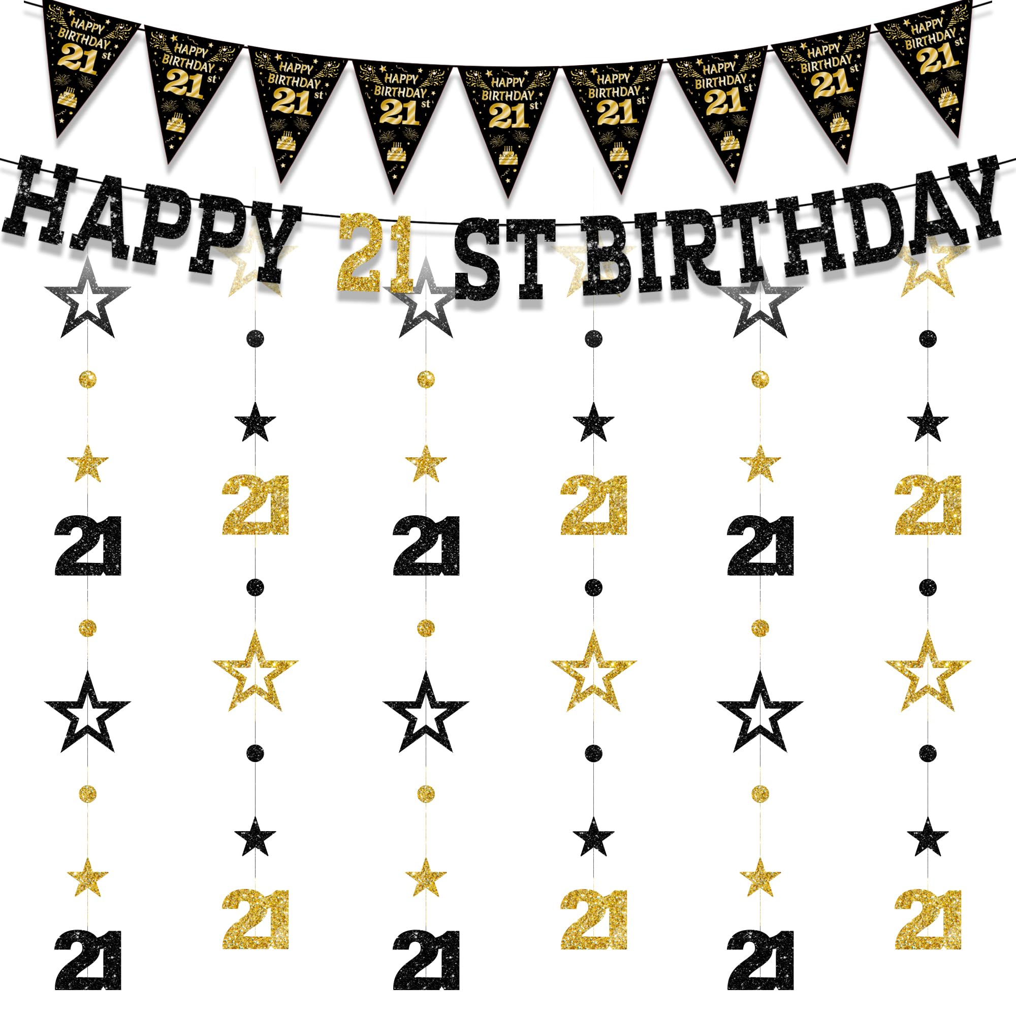 21st Birthday Decorations Banner Garland - 8 Pcs Black Gold Glitter Banners Triangle Bunting Star Dots Number 21 Garlands Set for Men Women 21 Year Old Birthday Party Decor Supplies