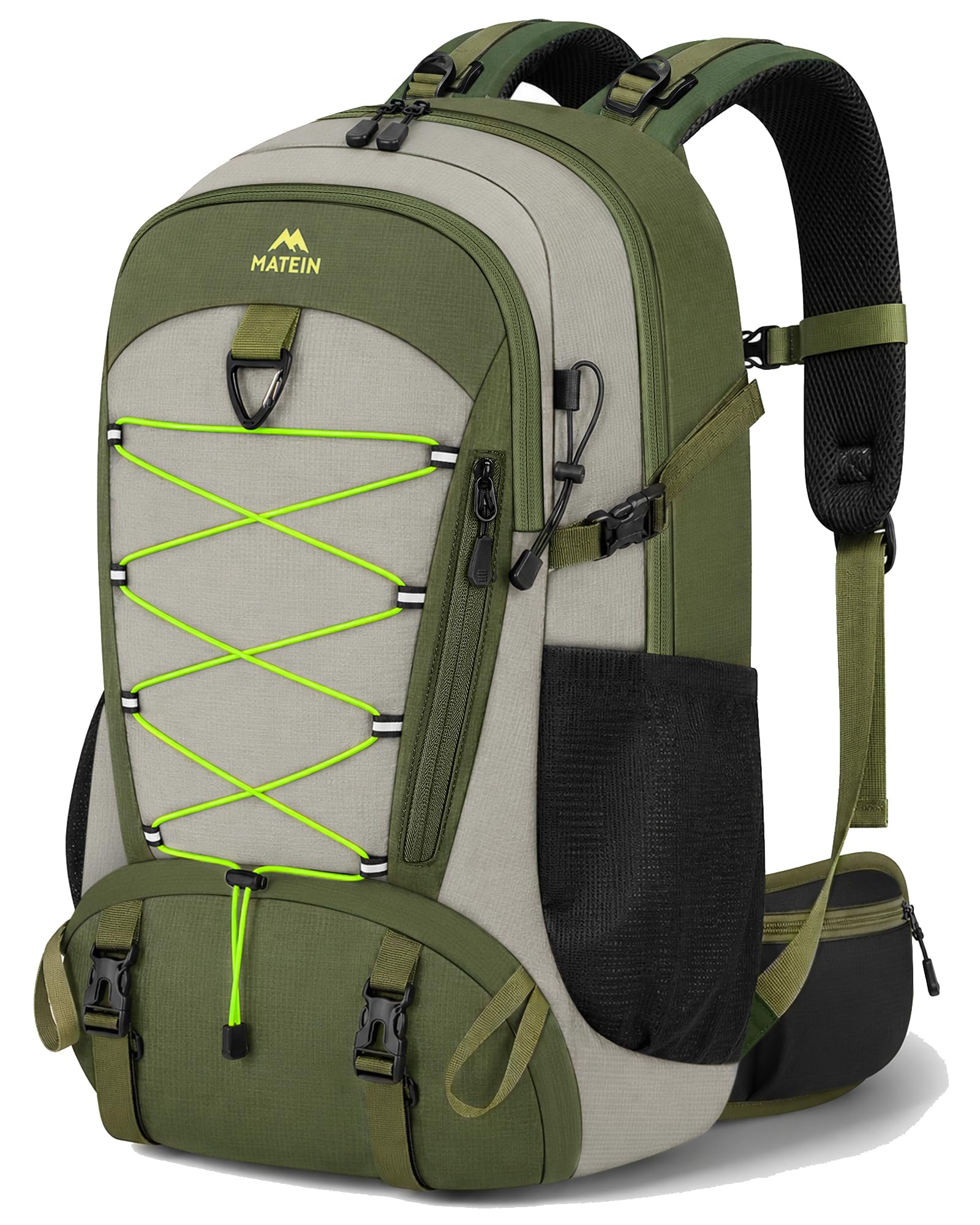MATEIN Mochila Senderismo 40 Litros, Mochila Trekking para Hombre y Mujer | con Compartimento para Zapatos, con Funda Impermeable, Mochilas Montaña Ligera para Senderismo, Trekking, Outdoor, Verde