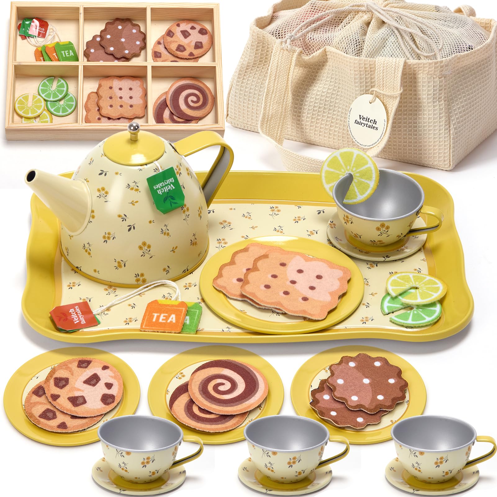 Veitch fairytales Kids Tea Party Set for Little Girl, Tea Sets for Toddler Pretend Play Food Kitchen Toy Accessories Gift for 3 4 5 6 Years Old Girls Boys (Yellow) — image 1