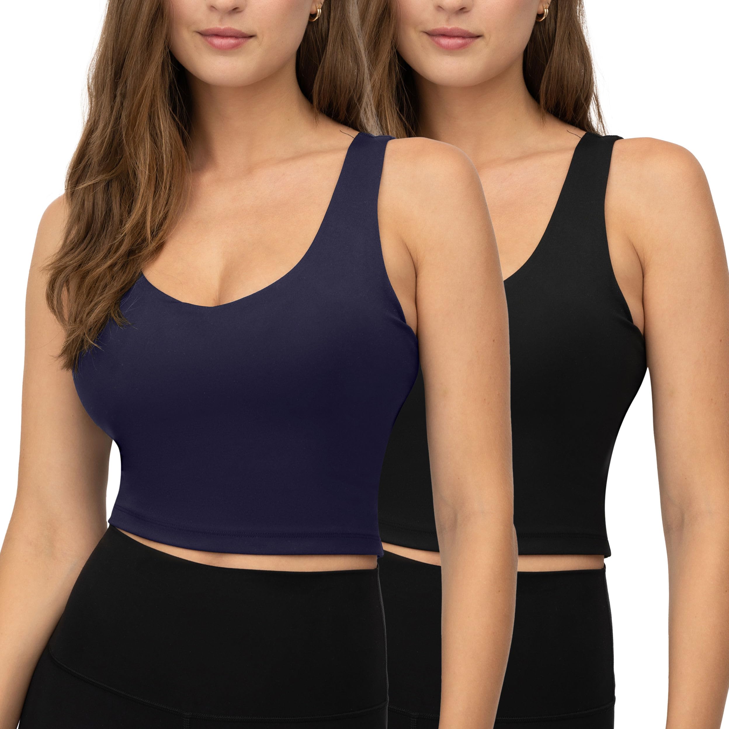 90 Degree By Reflex 2 Pack Workout Tank Performance Medium Support Longline Top with Built-in Bra -DarkNavy/Black - XS