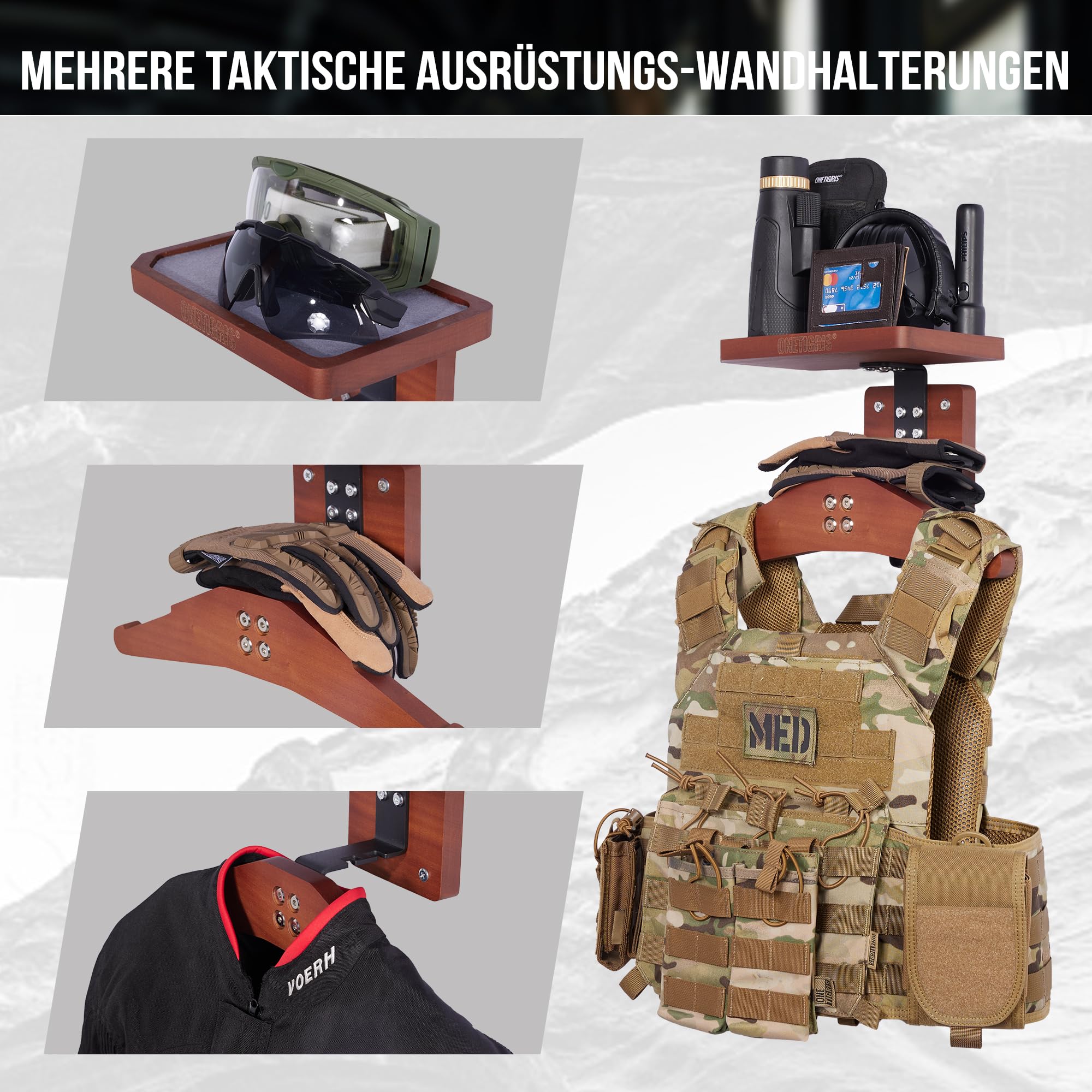 OneTigris Taktische Weste Halterung Wand 09, Wandhalterung Motorrad Garderobe für Helm Plattenträger, vielseitiger Wandorganizer für Motorrad-, Fußball- und Radfahrerausrüstung