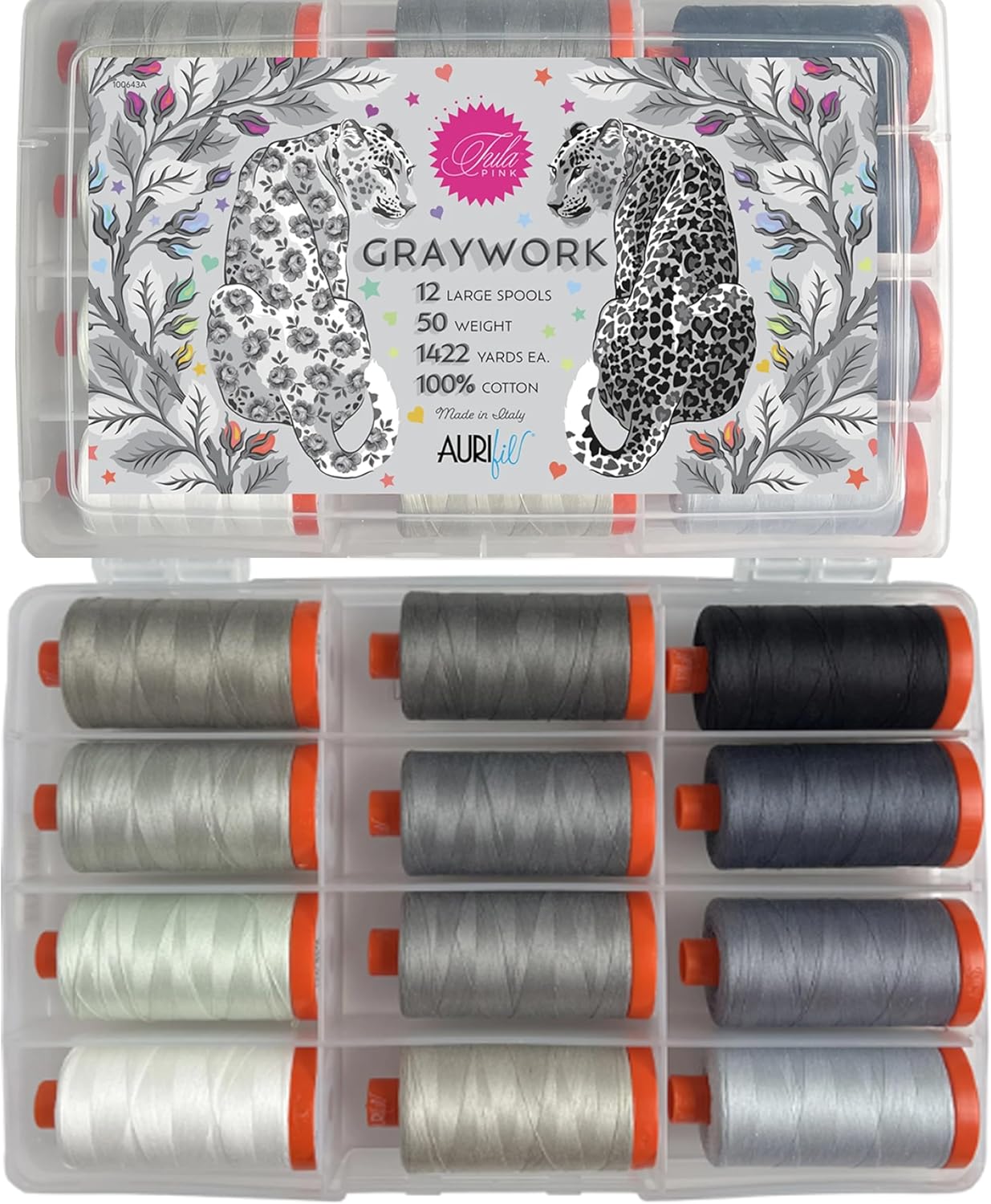 Graywork Aurifil Thread 50 wt Cotton by Tula Pink TP50GW12 12 Large spools