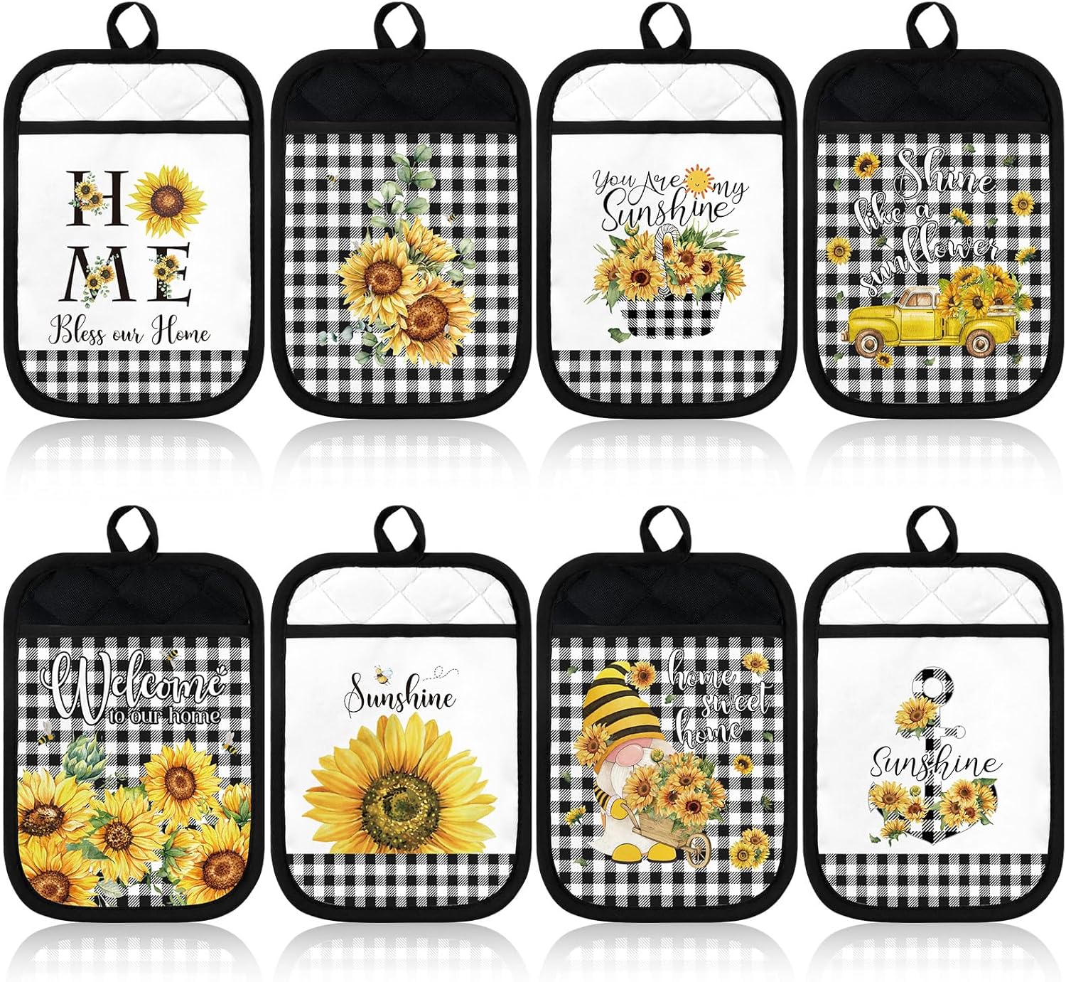8 Pcs Sunflower Pot Holders with Pocket Buffalo Plaid Potholder Farmhouse Kitchen Heat Resistant Potholders Sunflower Hot Pad Oven Mitt Cookie Bag Oven Glove for Kitchen Decoration Baking Cooking Gift