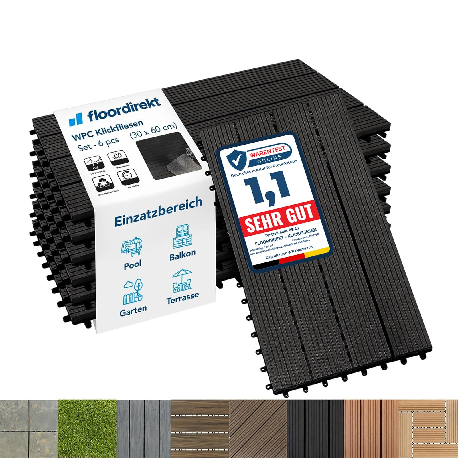 Floordirekt WPC Fliesen 60x30 cm, 1m² = 6 Terrassenfliesen, Klickfliesen, Balkonfliesen in Holzoptik - Bodenbelag für Balkon & Terrasse - wetterfest mit Drainagefunktion | Anthrazit | Royal