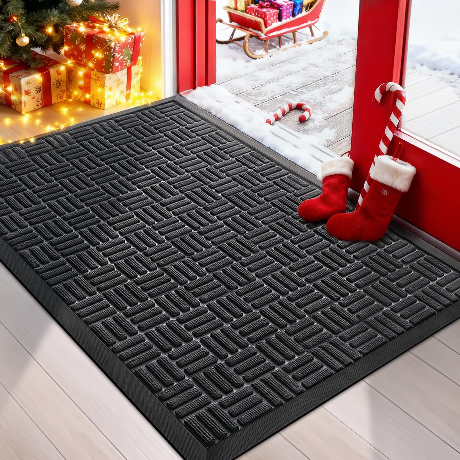 Mibao Front Door Mat, Heavy Duty Durable Welcome Mat for Outdoor Indoor, Dirt Trapper Waterproof Super Absorbent Door Mat for Entryway Outside Patio Porch, 29.5" x 17", Black