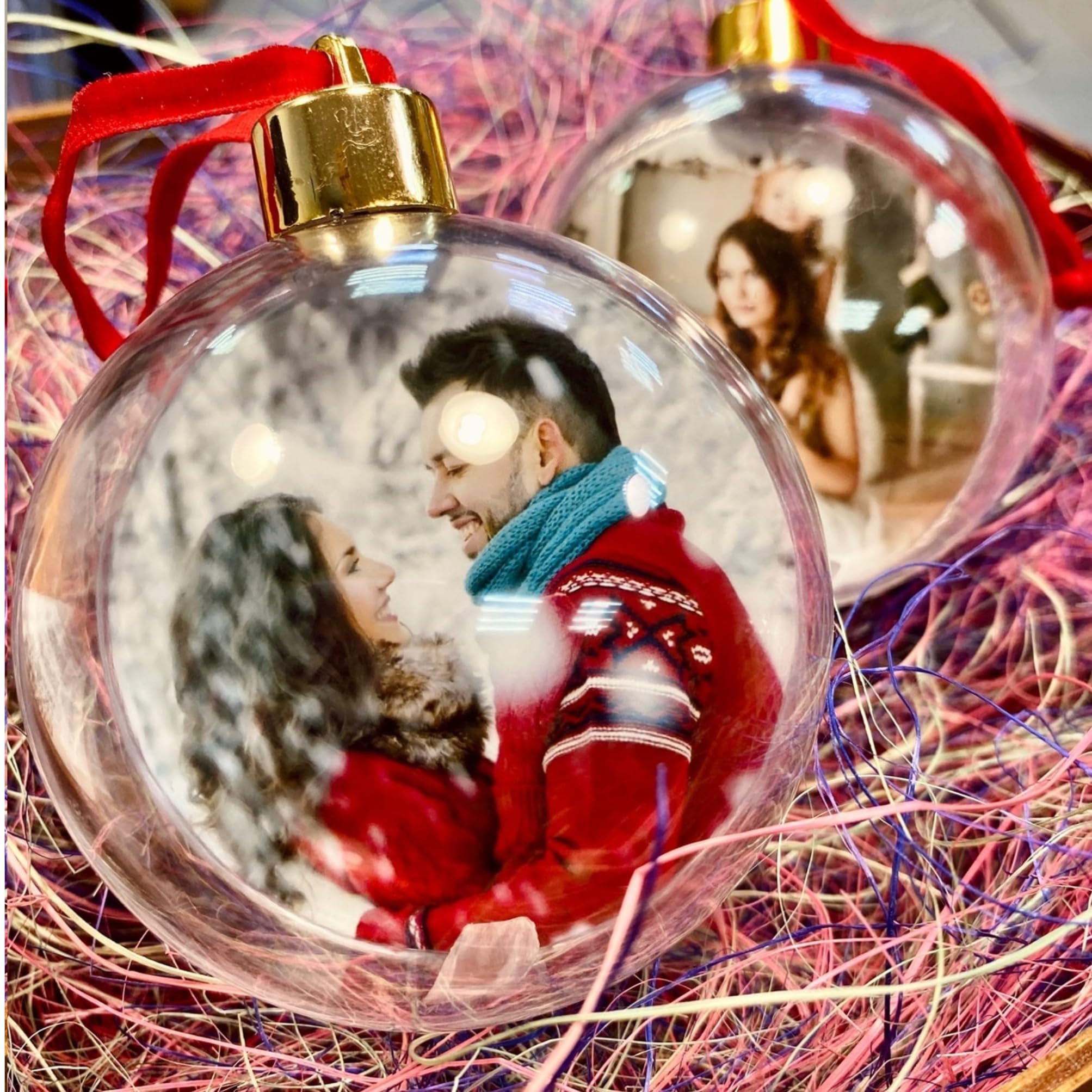 Bolas de Navidad Personalizadas - Pack 2 Unidades Con Foto, 8cm Grandes, Transparentes - Decoración para Árbol de Navidad 2024