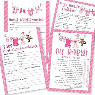 50 Pink Baby Shower Games For Girls - 4 Games Double Sided, Baby Prediction And Advice Cards, Baby Trivia, True Or False Baby Shower Game, Baby Word Scramble Baby Shower Game To Play
