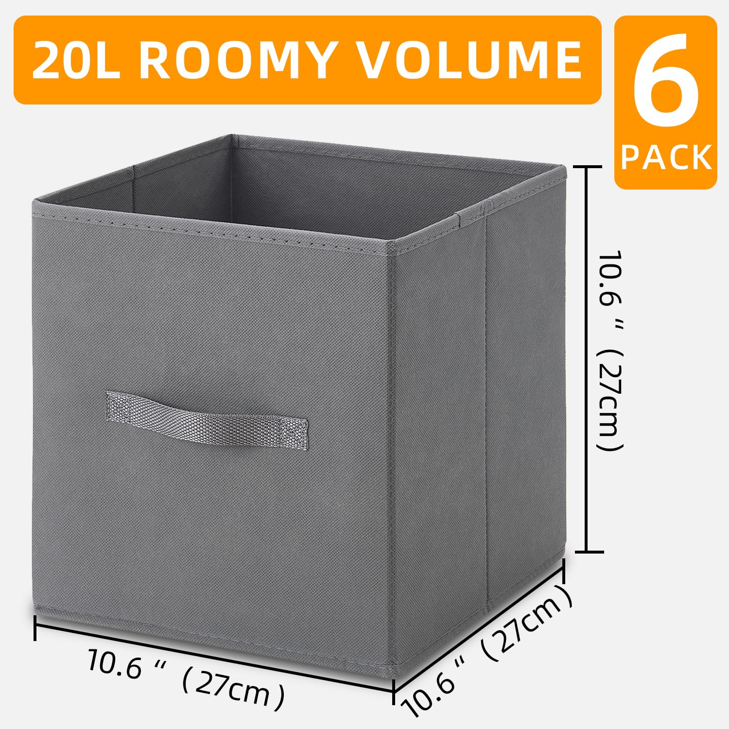Somdot Storage Cubes, 10.6 Inch Collapsible Storage Bins with Fabric Handle, 6 Pack Fabric Foldable Bins for Organization, Durable Storage Bins for Closet, Shelves, Offices, Toys, Gray