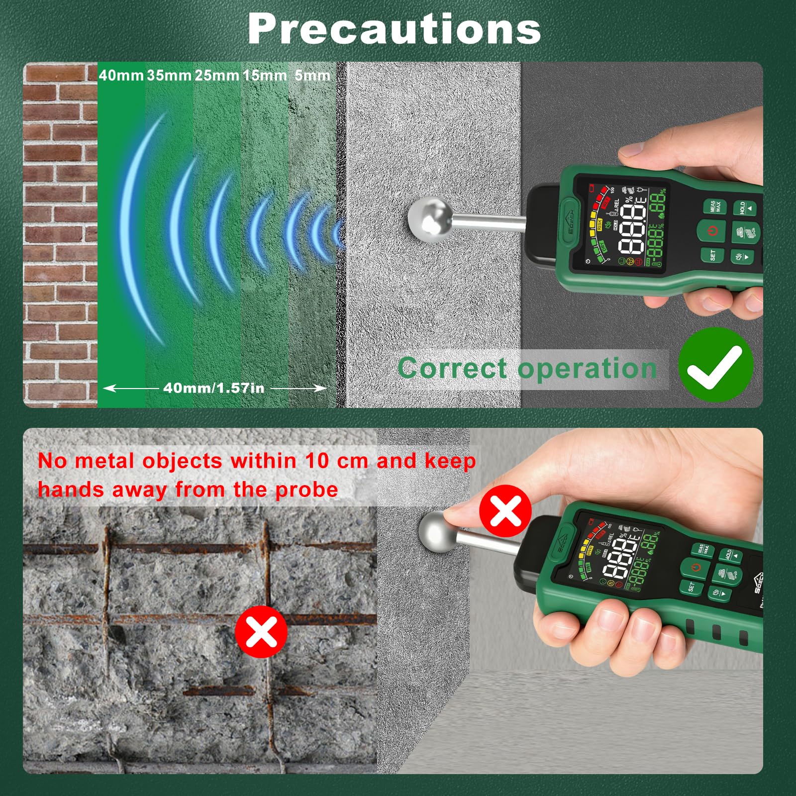 Feuchtigkeitsmessgerät, SQECH Feuchtigkeitsmesser mit Thermometer, Alarm, Multifunktionaler Feuchtemessgerät mit Farb-LCD, Nadel-Sensor für Wand, Holz, Mauerwerk,Wohnwagen, Wohnung