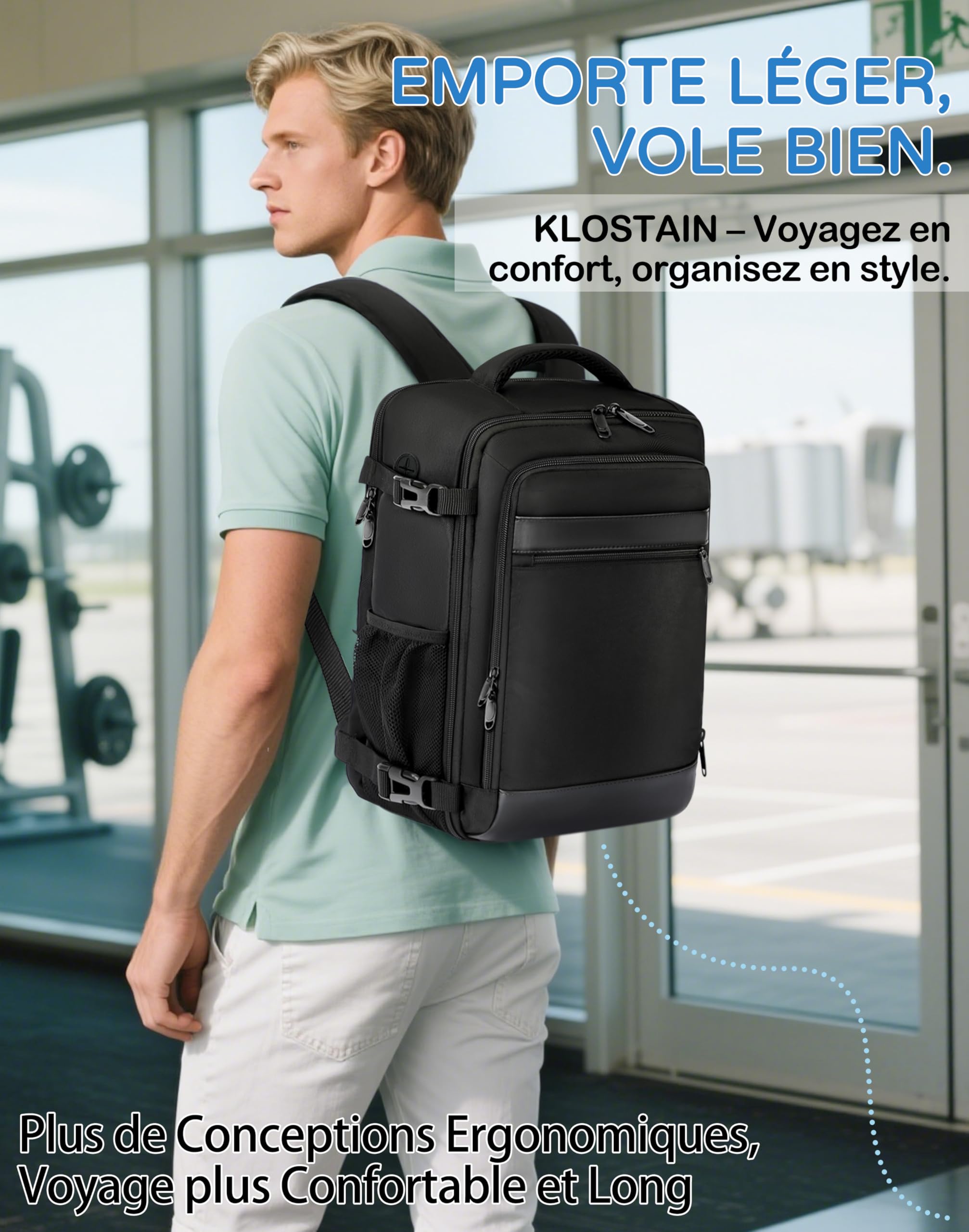KLOSTAIN Sac a Dos Voyage Cabine Avion 40x20x25 Bagage Cabine pour Ryanair 20 L Femme Homme sous Siège Bagage à Main Petit Sac à Dos pour Ordinateur Portable 14 Pouces Noir