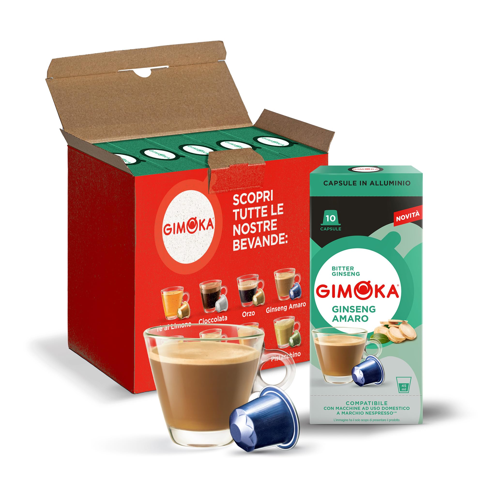 Gimoka Kaffeekapseln, Geschmack KAFFEE MIT BITTERER GINSENG - 50 Kapsel aus Aluminium - Kompatibel mit Nespresso* Haushalts-Espressomaschinen - 50 Stück (5 x 10 Getränke) - Hergestellt in Italien