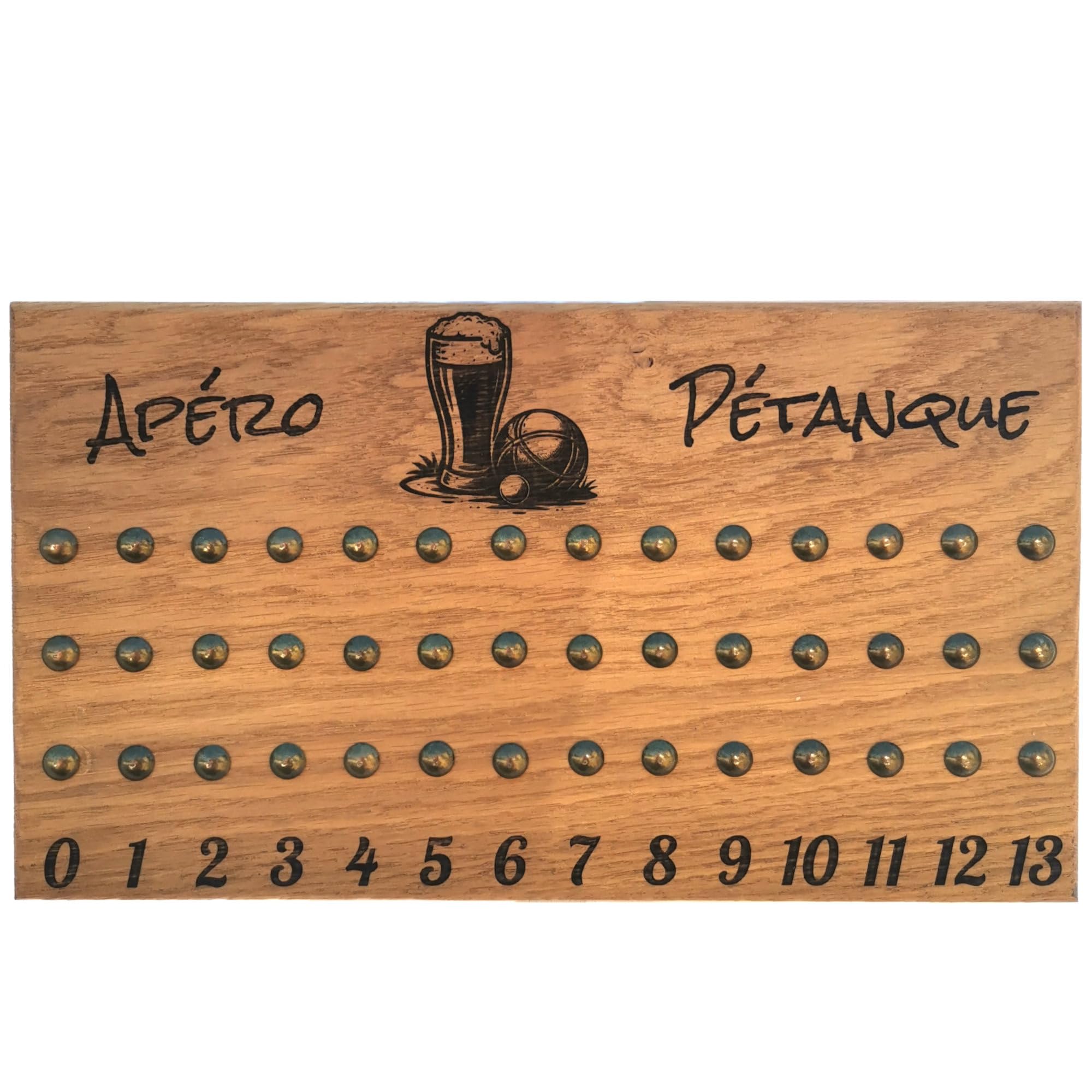 Tit'Adel Tableau de Score pétanque 3 Joueurs avec pions aimantés – Compteur de Points en Bois Massif – Fabrication Artisanale en chêne – Personnalisable – Idée Cadeau pétanque