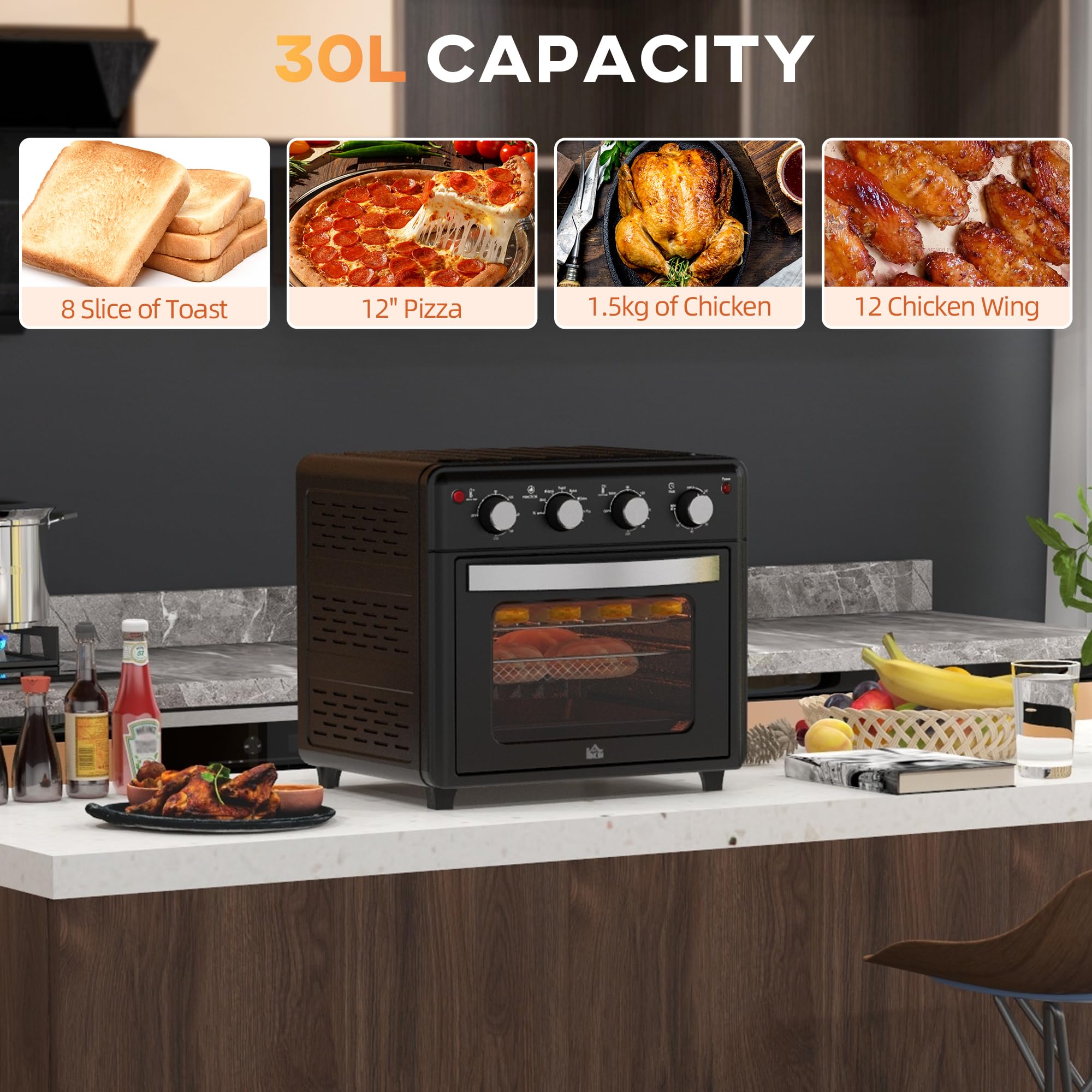 HOMCOM Mini Backofen mit Umluft 30 L 1600W 90-230℃ 60 Min. Timer inkl. Innenbeleuchtung, Krümelblech, Warmhalteplatten, Backblech, Grillrost, Frittierkorb, Minibackofen Pizza-Ofen, Schwarz
