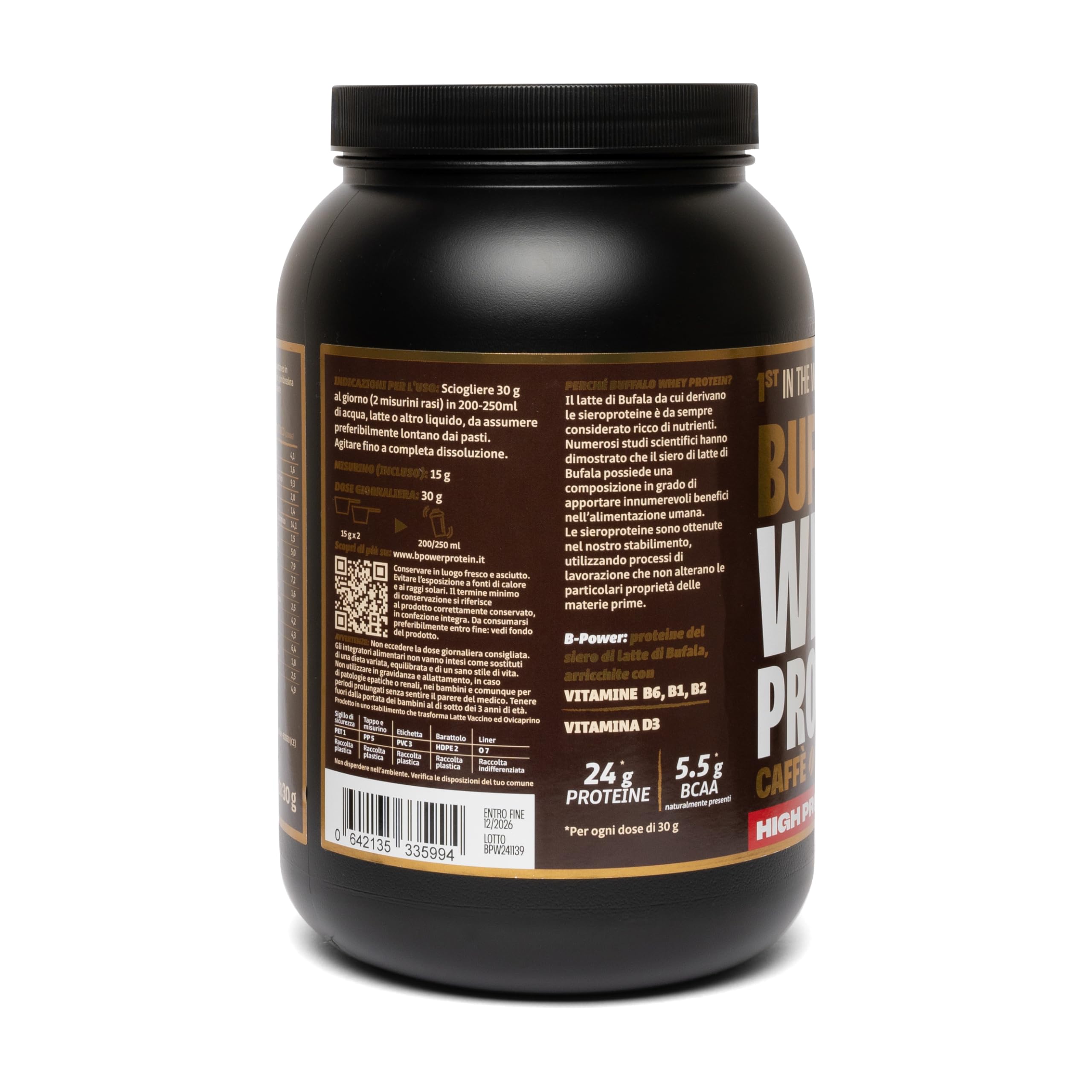 Buffalo Whey +80 Proteine in Polvere Concentrate Gusto Caffè 100% Italiane da Latte di Bufala, 24g di Proteine 5.5g BCAA Vitamine Gruppo B e D per supporto muscolare (34 dosi x 1020g)