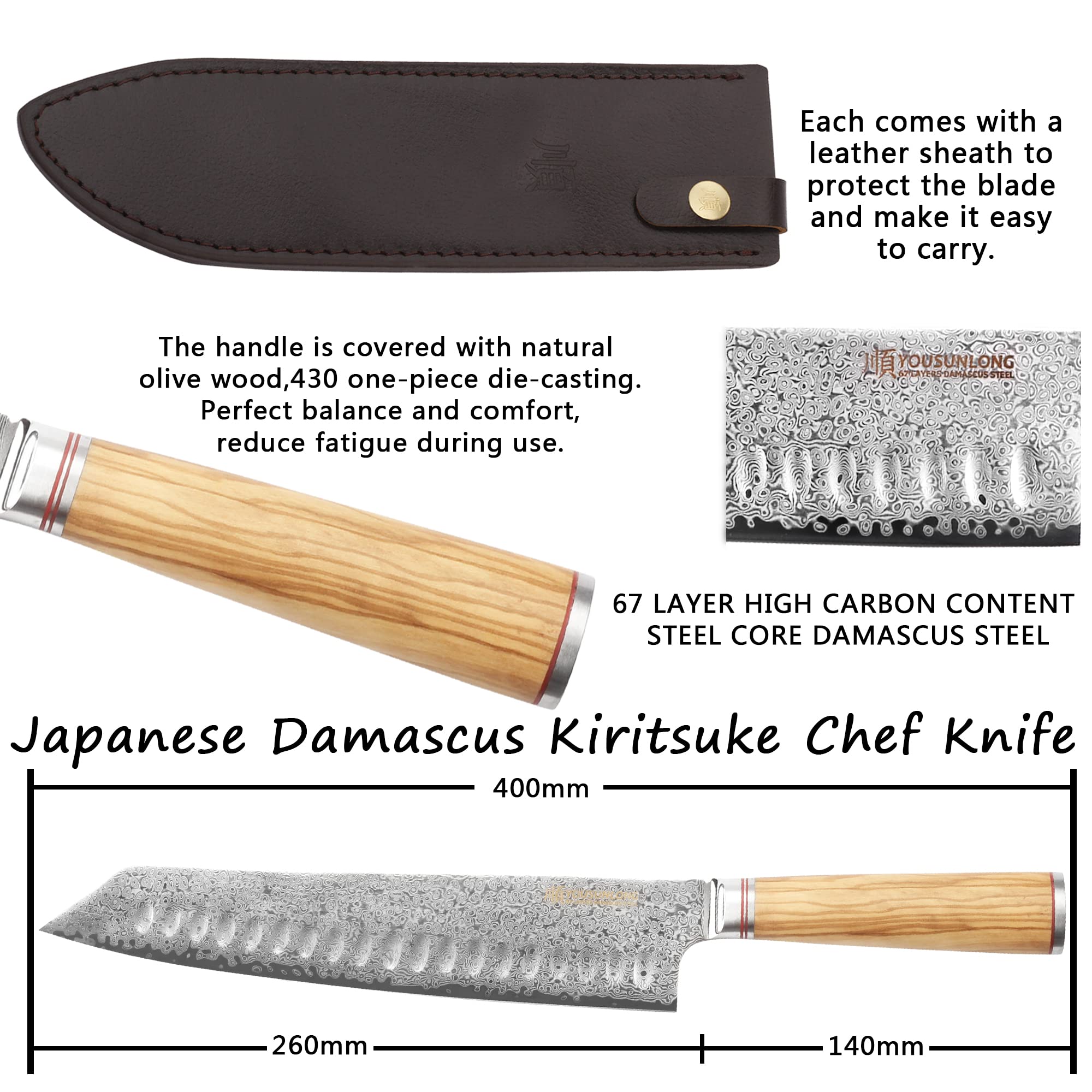 YOUSUNLONG Cuchillos de cocinero Kiritsuke 25,4 cm - Acero de Damasco martillado japonés - Súper afilado - Mango de madera de olivo italiano con funda de cuero - Cuchillos de cocina