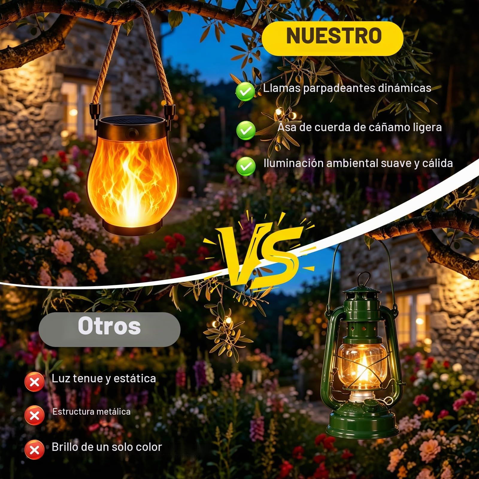 Paquete De 2 Linternas Solares Exteriores, Luces Jardín LED Impermeables Llama Danzante, Cuerda Cáñamo Doble USB Solar Para Patio Jardín Decoración Regalo Cumpleaños
