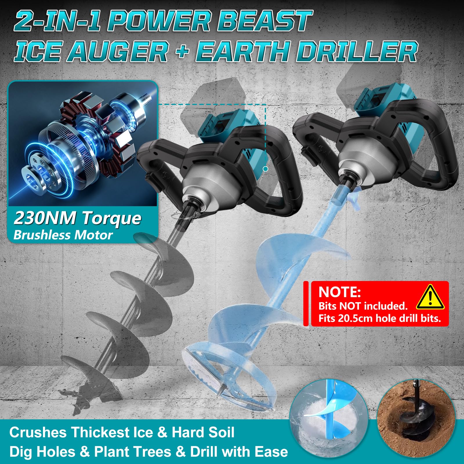 Akku Erdbohrer Kompatibel mit Makita 18V, 1200W Bürstenloser Motor Erdlochbohrer Professional Pfahlbohrer, für Zaunbau, Garten, Mörtelrührer (Ohne Batterie & Spiralkopf)