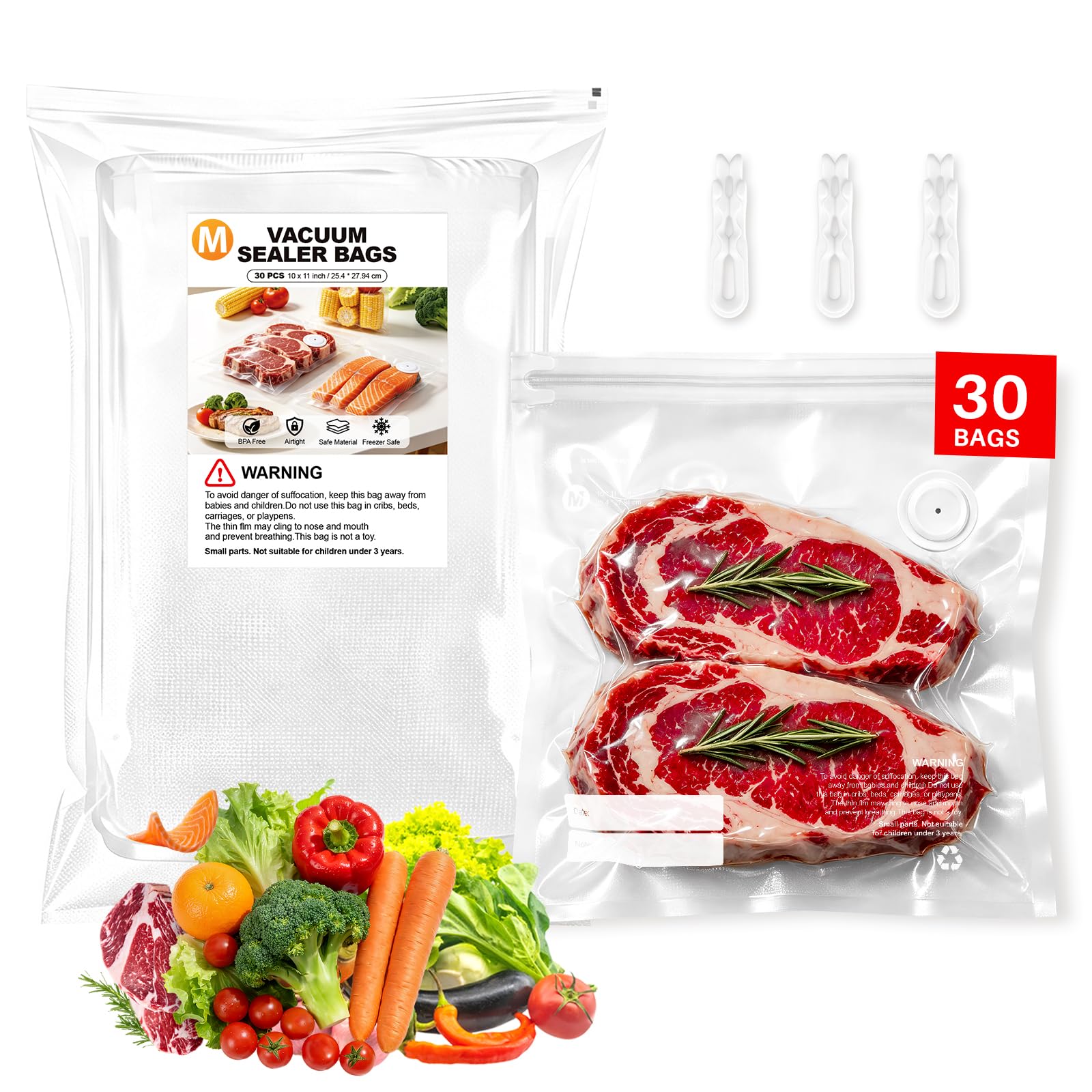 Reusable Vacuum Sealer Bags for Food, 30 BPA-Free Medium (10 × 11in) Bags | Food Storage Vacuum Bags – Freezer & Microwave Safe, Odor-Resistant, Leak-Proof, Compatible with Most Compact Vacuum Sealers