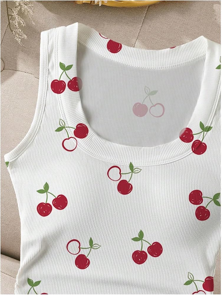WDIRARA Women's Cherry Print Curve Hem Tank Top Sleeveless Scoop WDIRARA Women's Cherry Print Curve Hem Tank Top Sleeveless Scoop