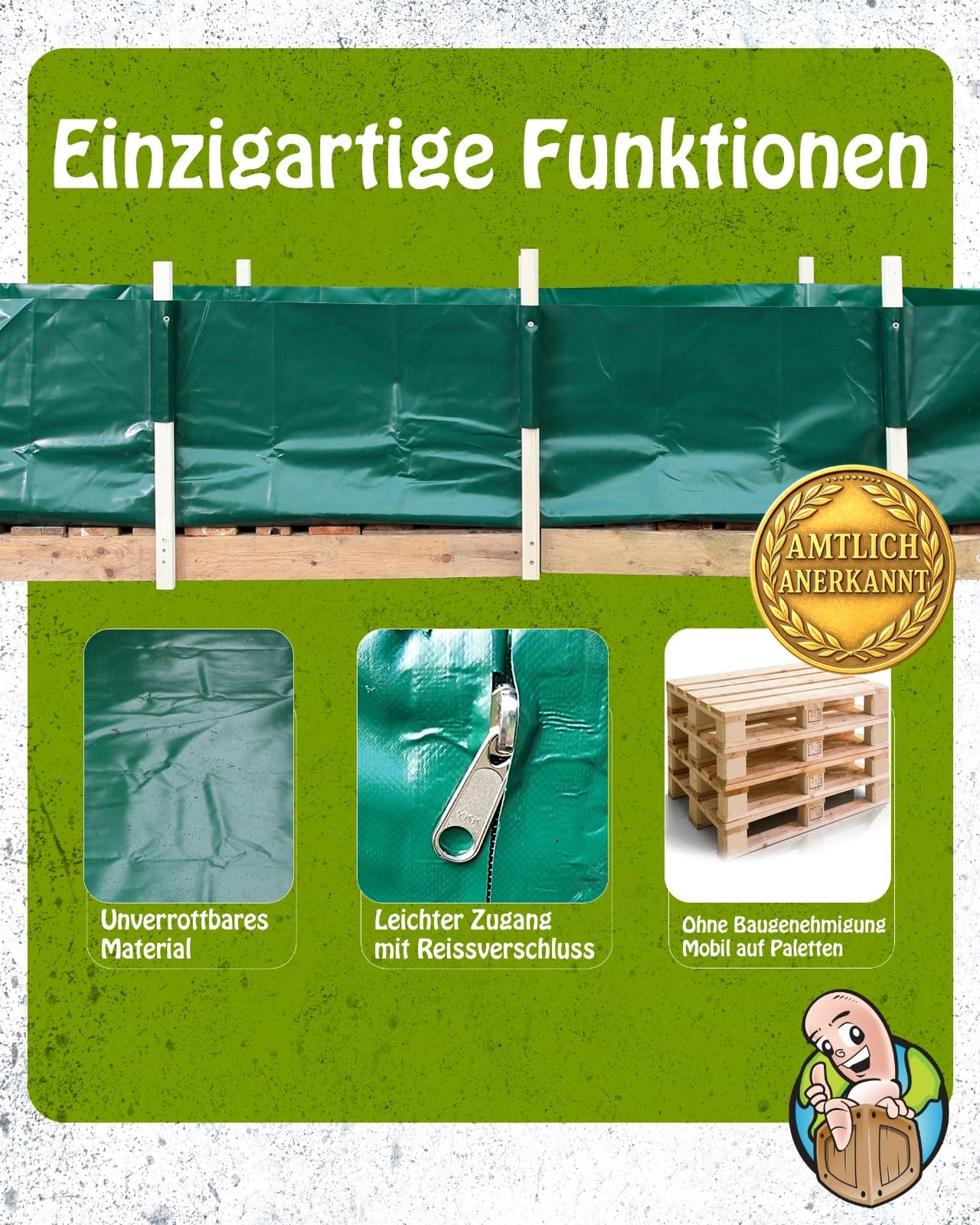 MiKoWa Kompostier-Wanne für Pferdemist – 3,1 m³ – Mobil & wasserdicht – amtlich anerkannt – Alternative zur Mistplatte/Dunglagerstätte – Opt. Abdeckung – von Wurmwelten