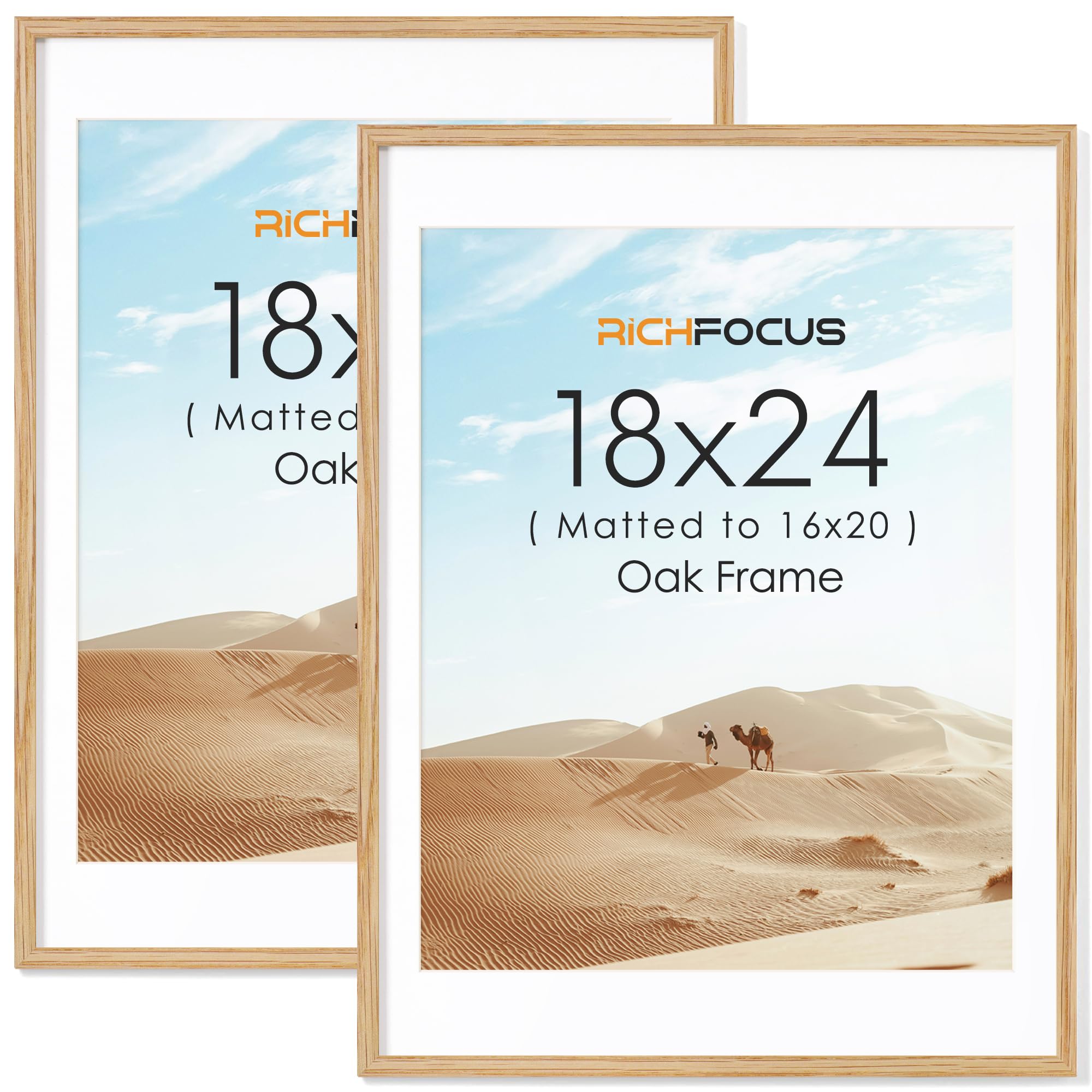 RICHFOCUS 18x24 Frame with Mat for 16x20|Solid Oak Wood 18 x 24 Poster Frame|Rustic 24x18 Picture Frames for Wall with Tempered Glass|Collage Gallery Frames|Natural Oak, 2 Pack