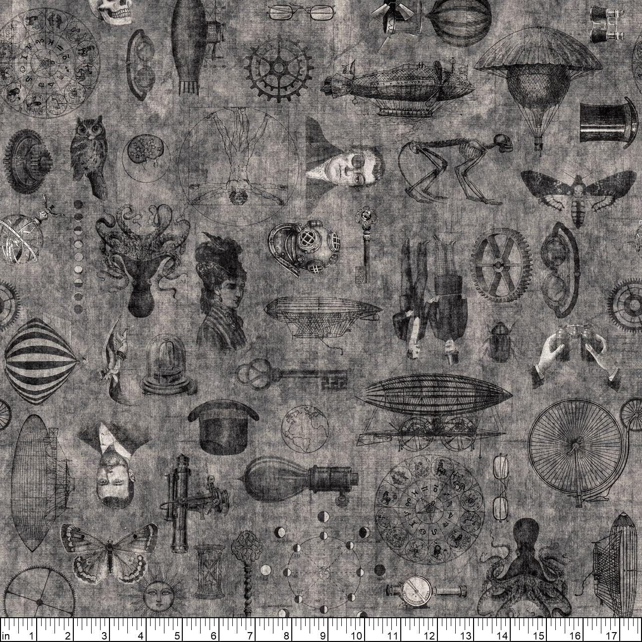 Quilting Treasures Steampunk Adventures Steampunk Blender, Fabric by The Yard (Gray)