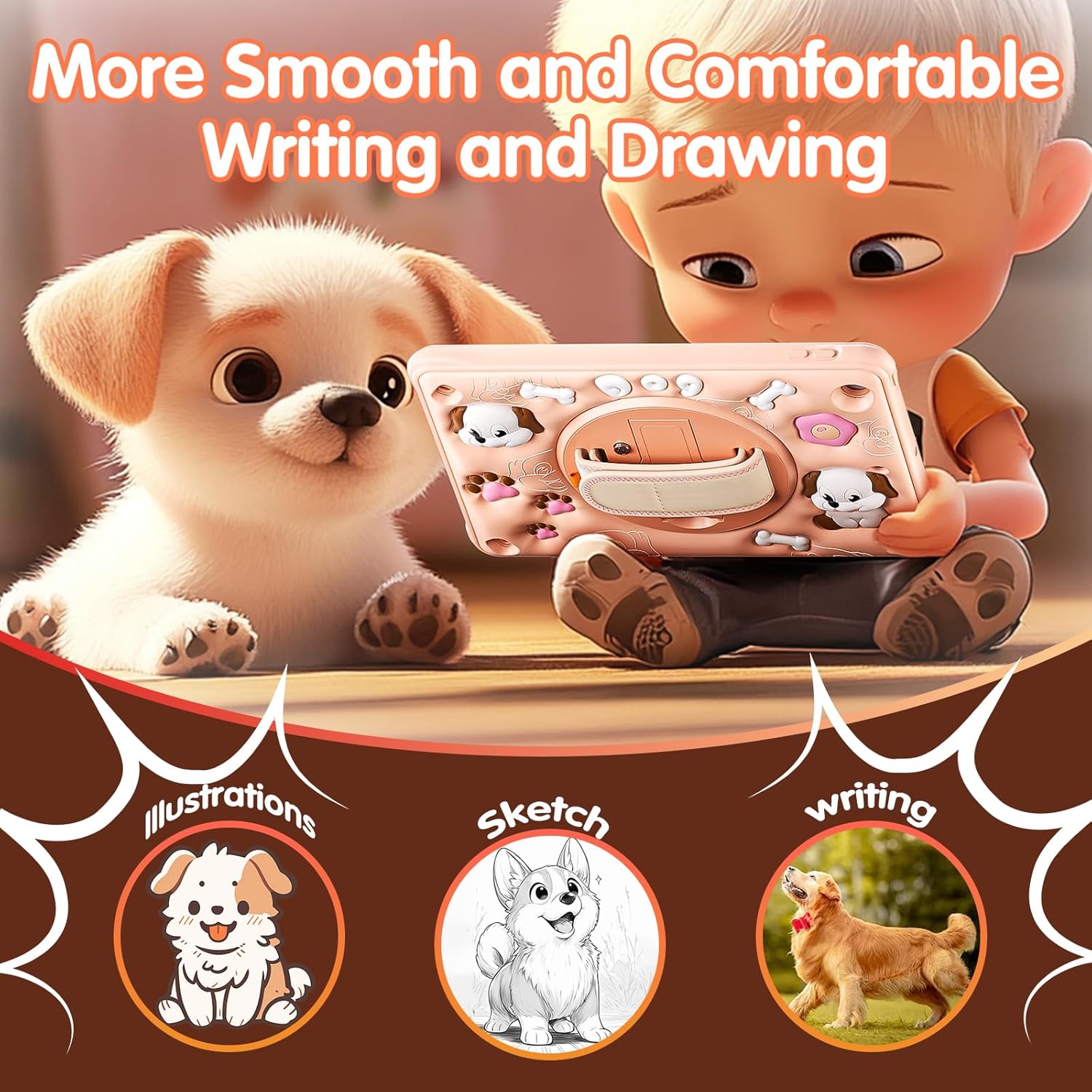 TSQQST Case for iPad 9th 8th 7th Generation 10.2 Inch for Kids, Cartoon Silicone Cute Dog Case Cover with Screen Protector+Rotating Stand+Hand Strap, Pink